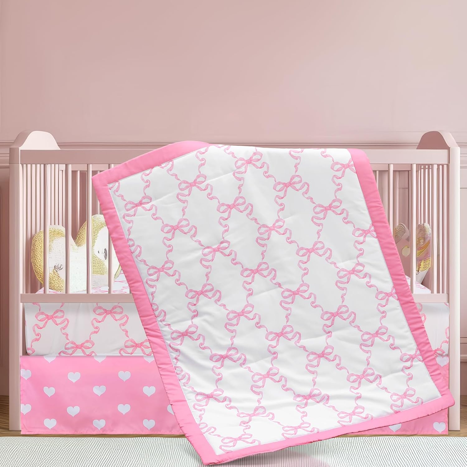 3 Pcs Baby Girls Crib Bedding Set Coquette Pink Bow Baby Bedding Set for Girls Coquettish Pink Heart Bow Infant Nursery Includes Quilt, Fitted Crib Sheet and Skirt