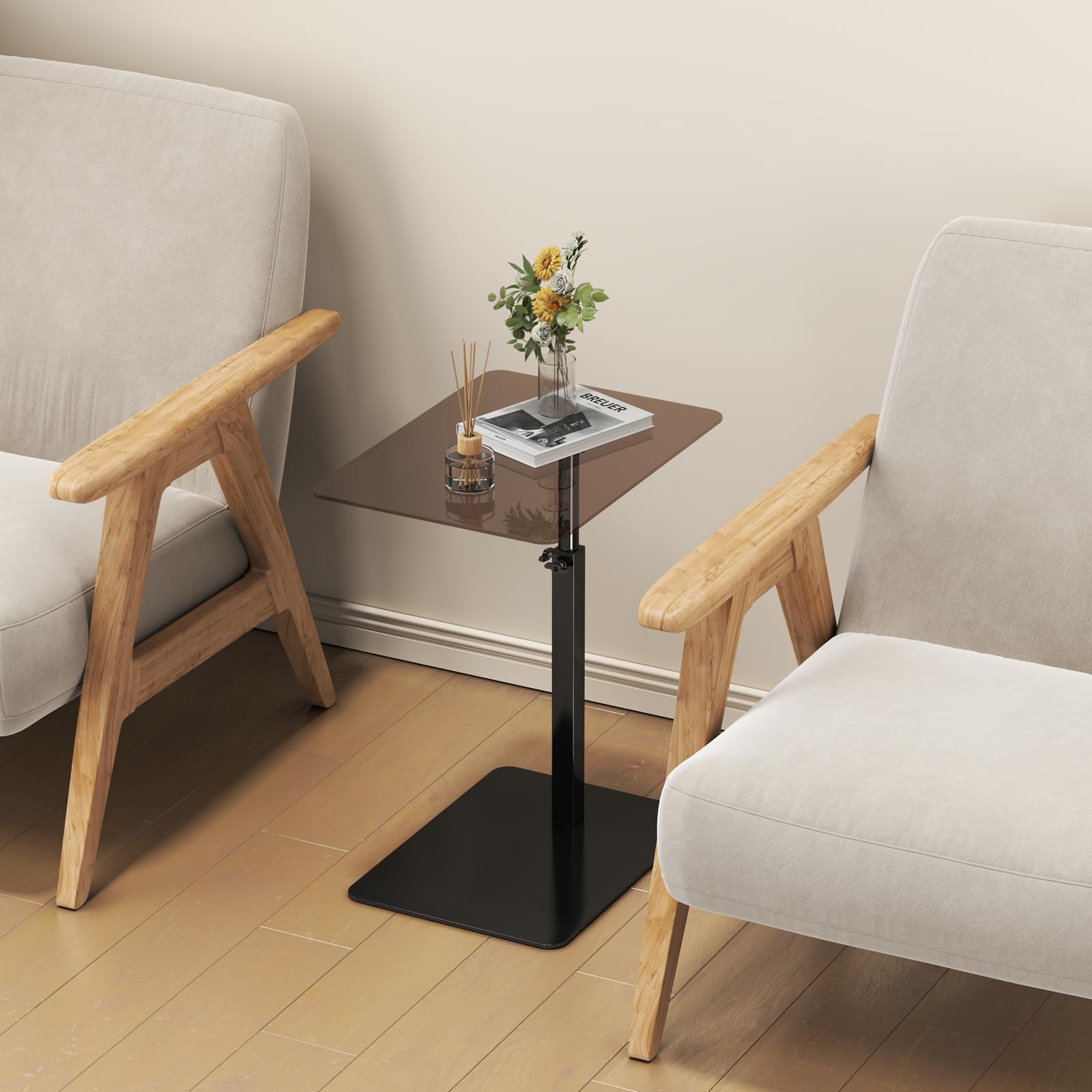 Mesa auxiliar de cristal en forma C, altura ajustable, base de metal, mesa auxiliar para sofá/cama, mesa giratoria de 360°, mesa auxiliar móvil para salón, color negro y transparente. (negro)