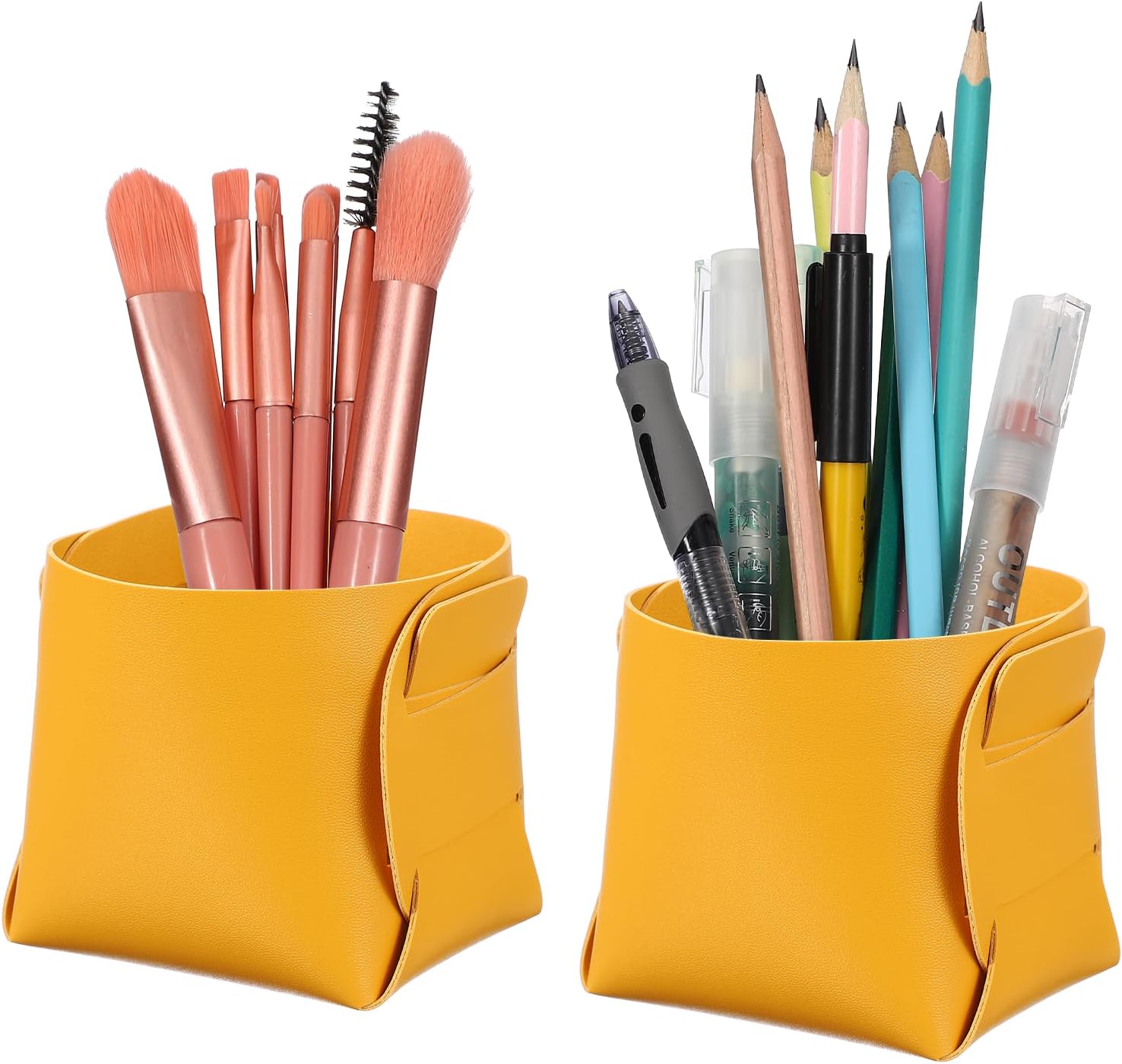PATIKIL 2Pack Leather Desk Organizer, Leather Pencil Pen Holder Jewelry Valet Tray Hair Accessories Organizer for Bedroom Drawer Office Key Wallet Watch Pen Pencil Glasses, Yellow