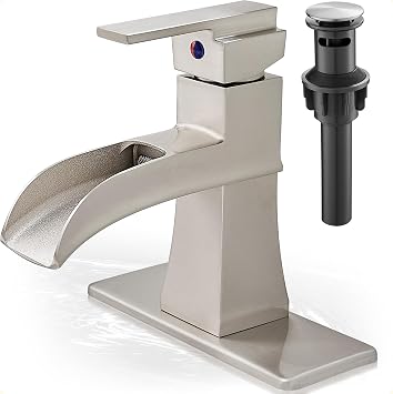 Waterfall Bathroom Sink Faucet, Brass Brushed Nickel Bathroom Faucet One Handle, 4 Inch Single Hole or 3 Holes with Pop-Up Drain, Supply Hoses & Deck Plate for Vanity Lavatory RV, 5 Mins Install