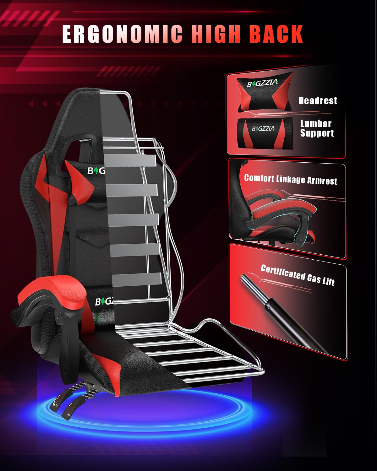 bigzzia Sedia Gaming RGB con Luci LED E Sedia Ergonomica Per Computer Per Videogiochi Reclinabile con Schienale Alto in Pelle Pu con Poggiatesta (Utilizzo di RGB, Rosso)