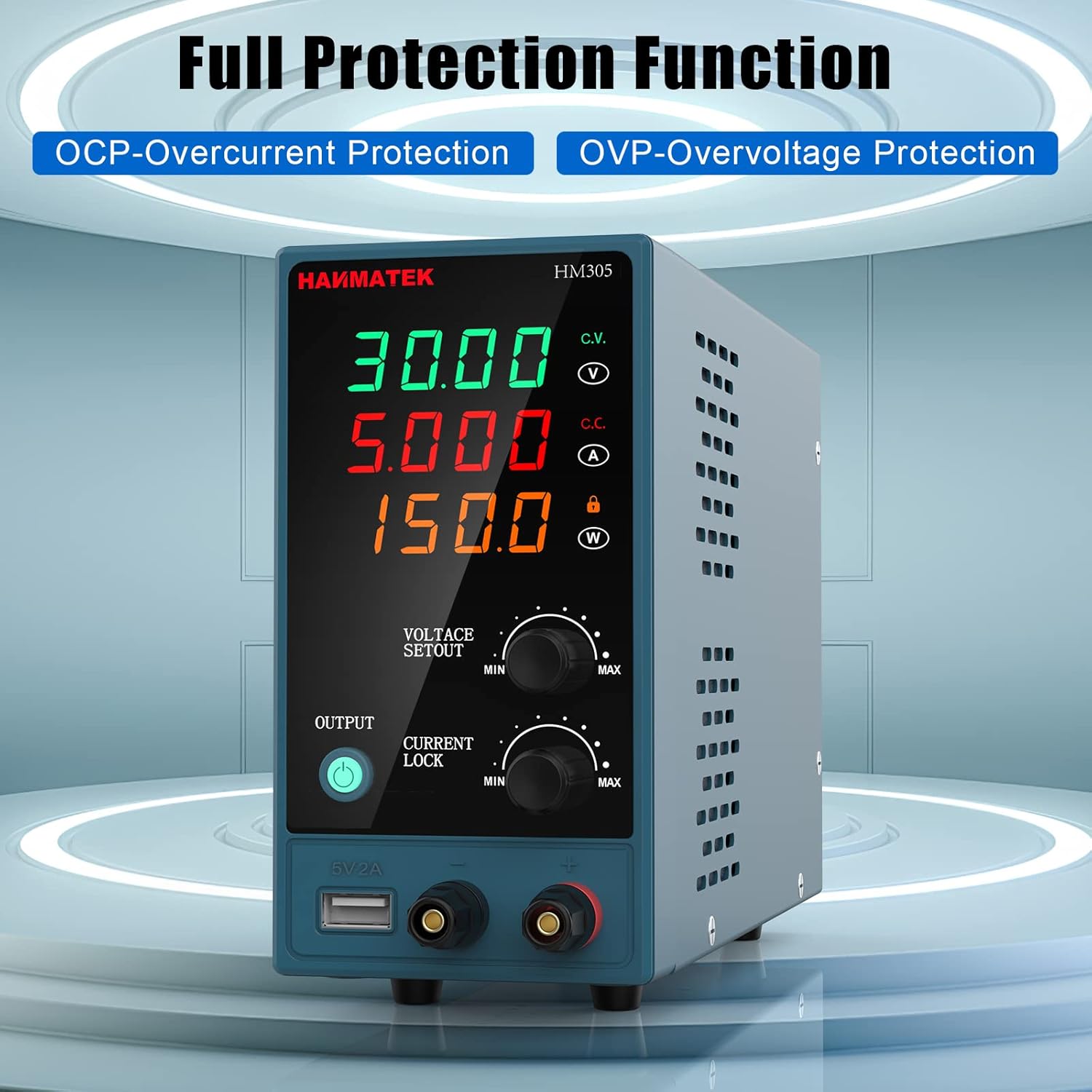 HANMATEK HM305 power supply highlighting Overcurrent Protection (OCP) and Overvoltage Protection (OVP) features.