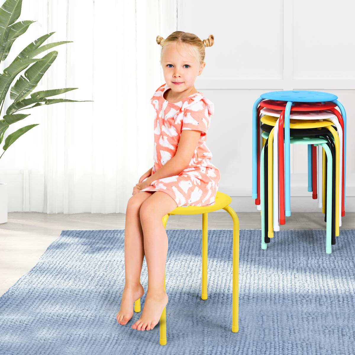 GOPLUS Juego de 6 Taburetes Apilables de Metal, Taburetes Redondons sin Respaldo con Asiento Plástico, Conjunto de Taburetes Portátile para Cocina Comedor Escuela Oficina, 37×37×44 cm (Multicolor)