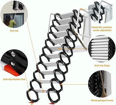 12 Steps Attic Ladder Folding Wall Mounted Ladder Black Loft Folding Ladder 10FT HeightAttic Ladder Pull Down System Steps Ladder Folding Pull Down Stairs for Attic Retractable Attic Stairs
