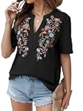 Women's Mexican Embroidered Shirts Going Out V Neck Short Sleeve Tunic Shirt Floral Boho Casual Summer Blouses Top