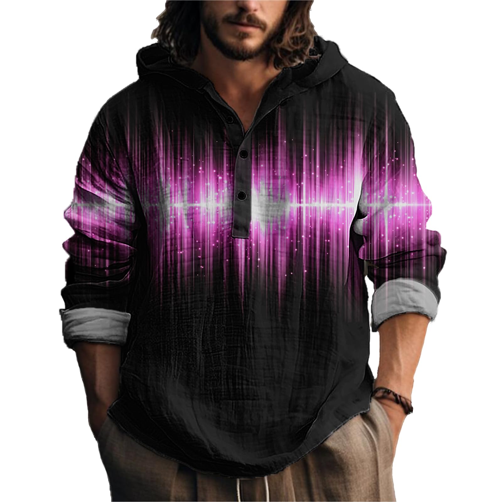 MARSVOVO Novelty Hippie Light Weight Hoodie for Men Long Sleeve Hooded Shirt Casual Quarter Button Tops for Spring Fall