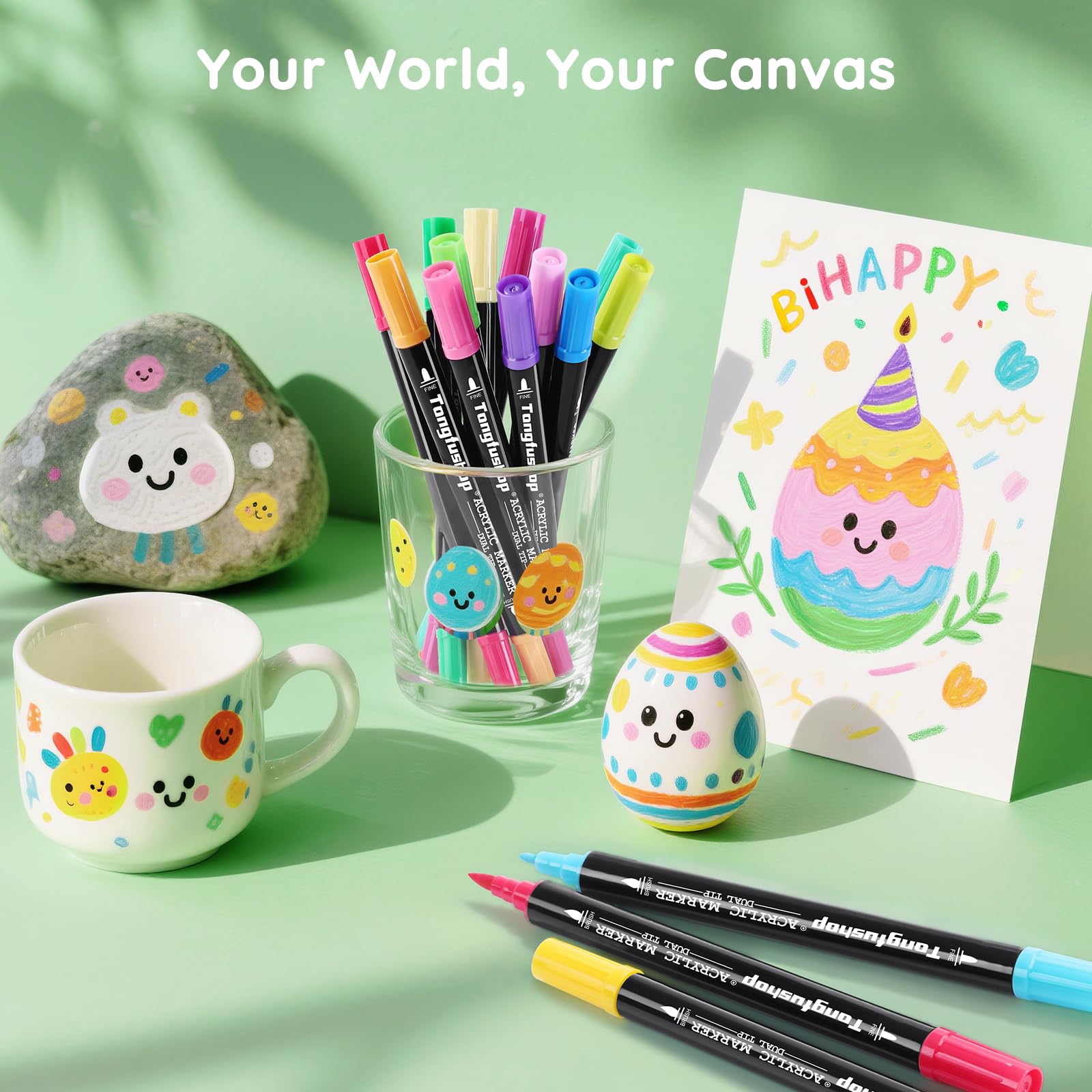 Tongfushop Acrylverfstiften, 84 stuks, niet giftig, op waterbasis en sneldrogend, acrylstiften met dubbele punt voor schilderen op steen, canvas, hout, kunstenaarsbenodigdheden
