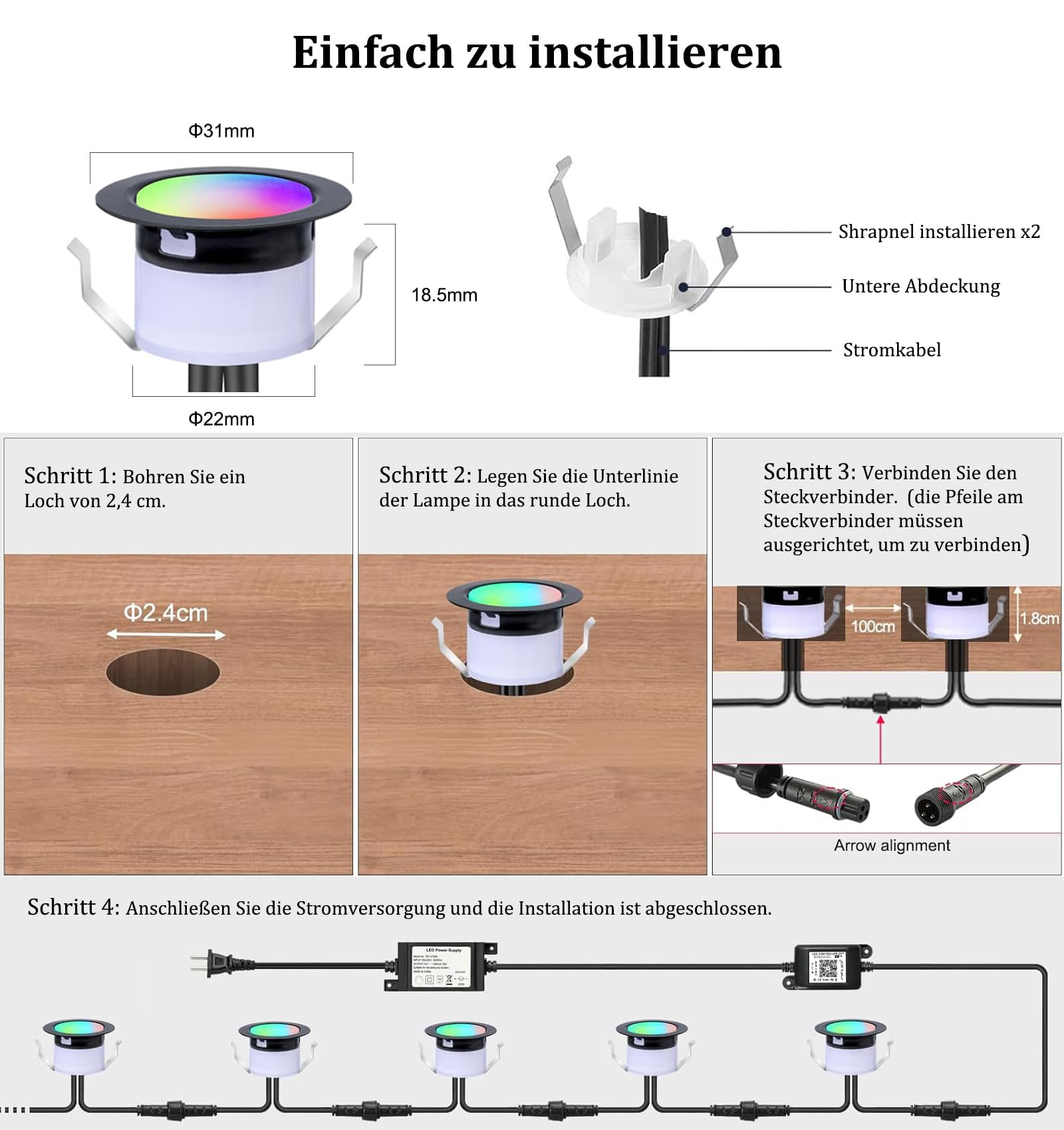 WIFI RGBW+IC Terrassen Bodeneinbaustrahler Aussen Led, Ø31mm 12V Terrassen Einbaustrahler Led Mini Spots Terrassenbeleuchtung, IP67 Wasserdicht, APP Steuerbar, Kompatibel mit Alexa Google Home (20er) | 12V Terrassen Einbaustrahler Led Mini Spots Terrassen
