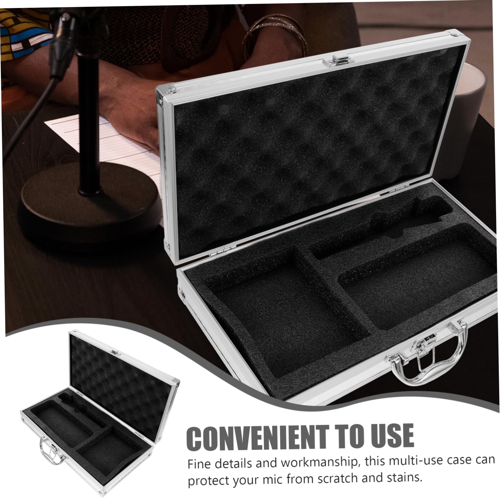 Custodia Microfono in Alluminio Leggera Compartimento Per Scheda Audio 35x19.2x6.5cm, Per Trasporto in Concerti e Eventi Musicali