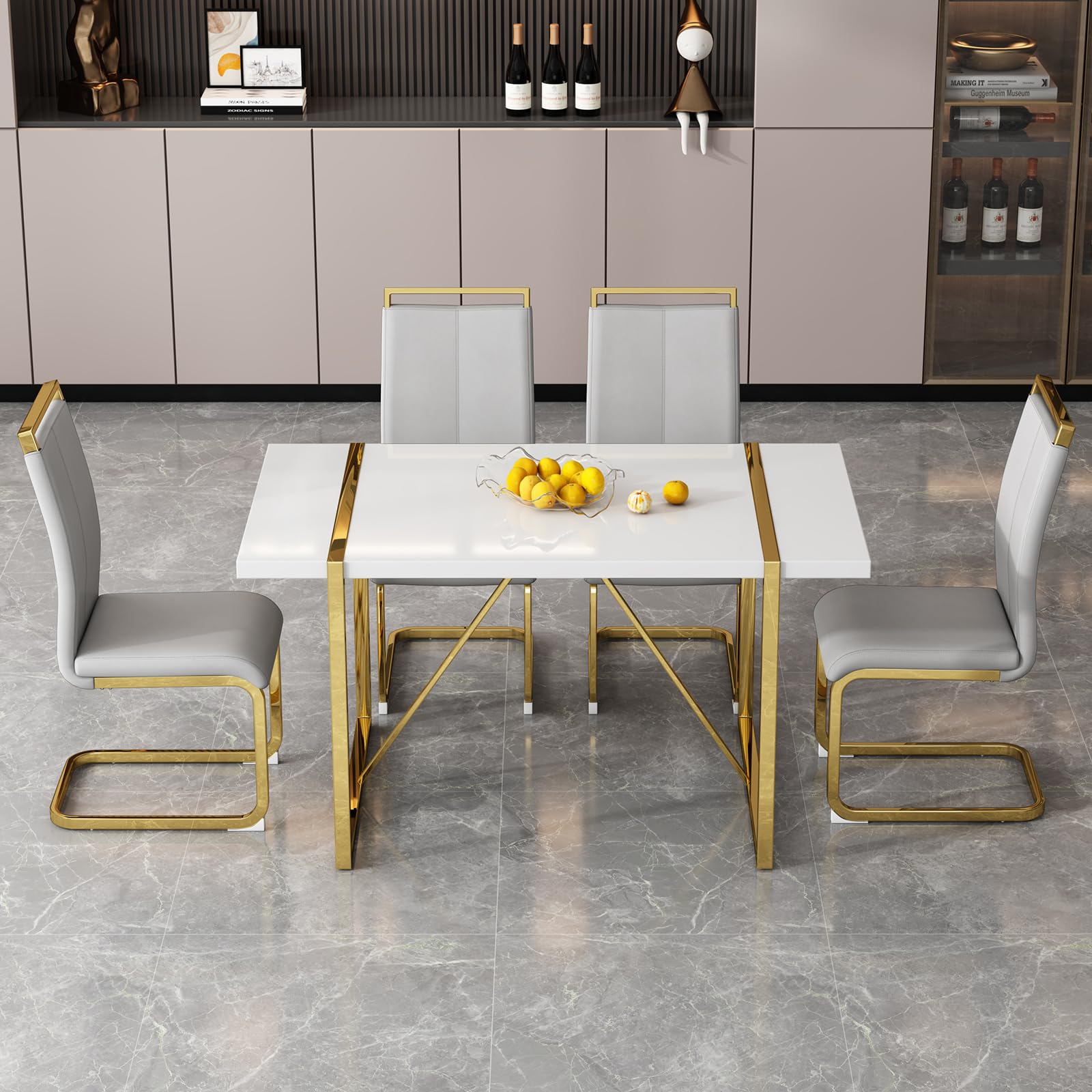 Ebullient White Dining Table Set for 4，Rectangular MDF Dining Table and Dark Grey Faux Leather Dining Chairs, 5 Piece Dining Table Set，Modern Dining