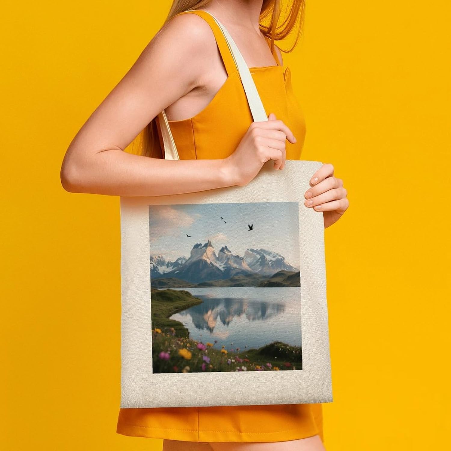 Snow-capped Mountains And Lakes Canvas Tote Bag Aesthetic Tote Bag image 3