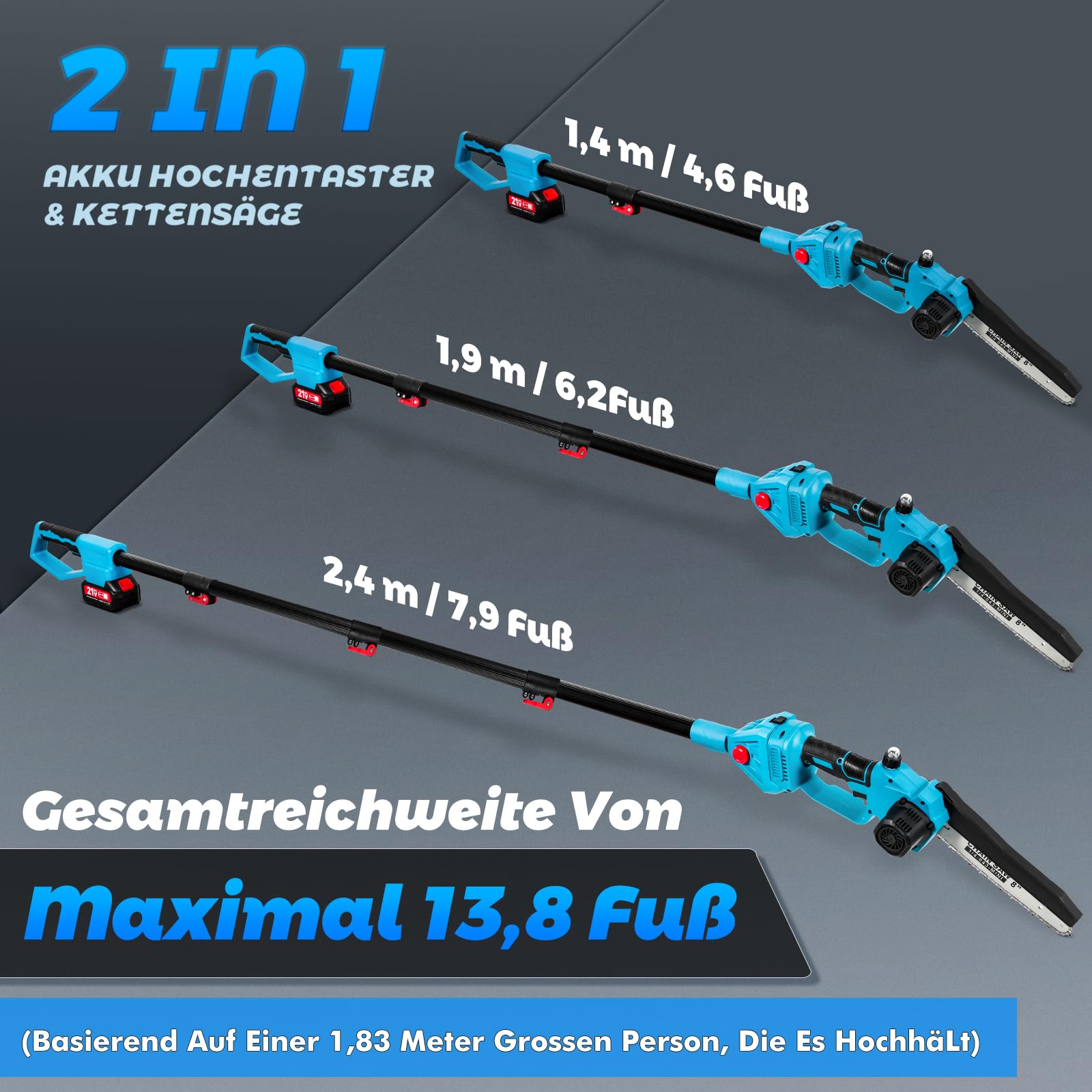 2-in-1 Akku Hochentaster 8-Zoll Mini-Kettensäge, Bürstenloser Motor, 2 x 3000 mAh Batterien, drei einstellbaren Höhen für Baumschnitt