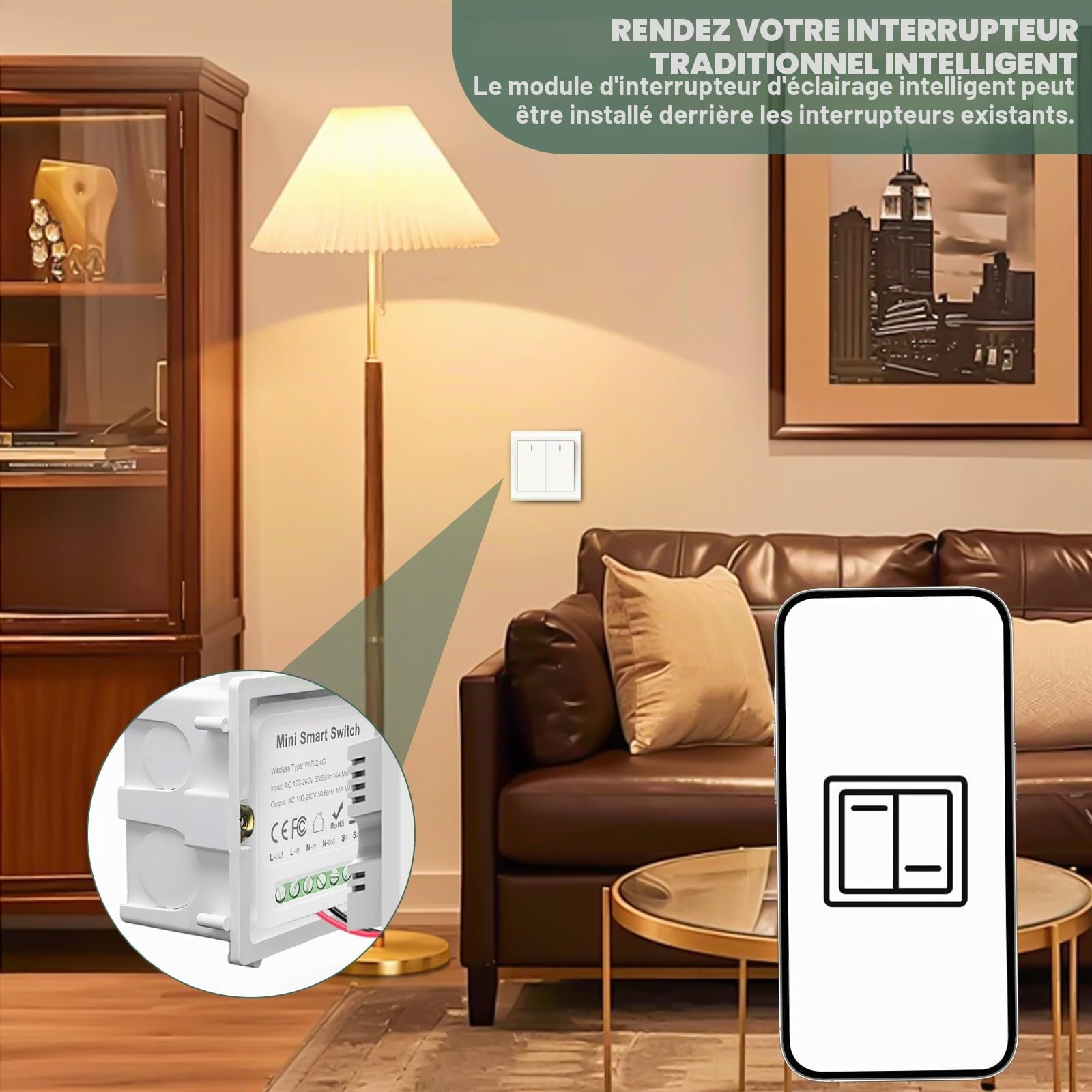 8 pièces Smart Module d'interrupteur d'éclairage 1 voie Double commande, Mini DIY Interrupteur Wi-Fi S'adapte derrière le module d'interrupteur mural Compatible avec l'application Tuya, Alexa et