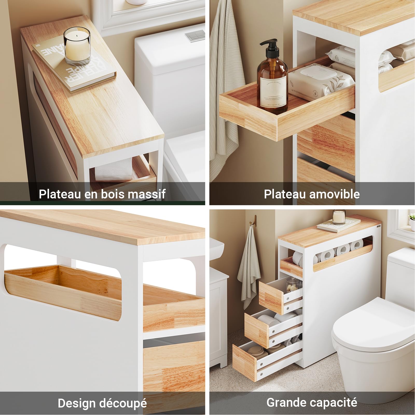 SoBuy Meuble Salle de Bain Rangement - Petit Meuble Toilette Colonne Étroite à Roulettes, 3 Tiroirs avec Plateau en Hévéa Gain de Place pour WC et Cuisine Blanc et Couleur Bois 65x23x82cm BZR54-III-WN
