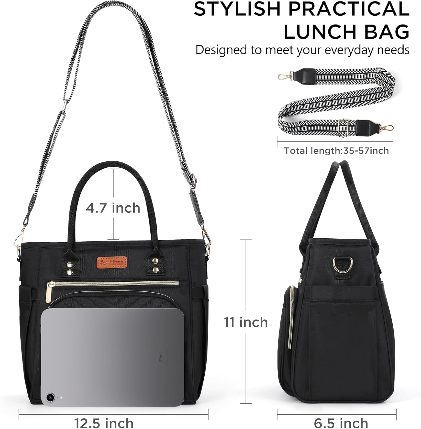 Jomddems Lunch Bag Women,Insulated Lunch Box for Women Men with Shoulder Strap,Portable Reusable Large Adults Cooler Tote Bags for Work Picnic Hiking Beach (Black)