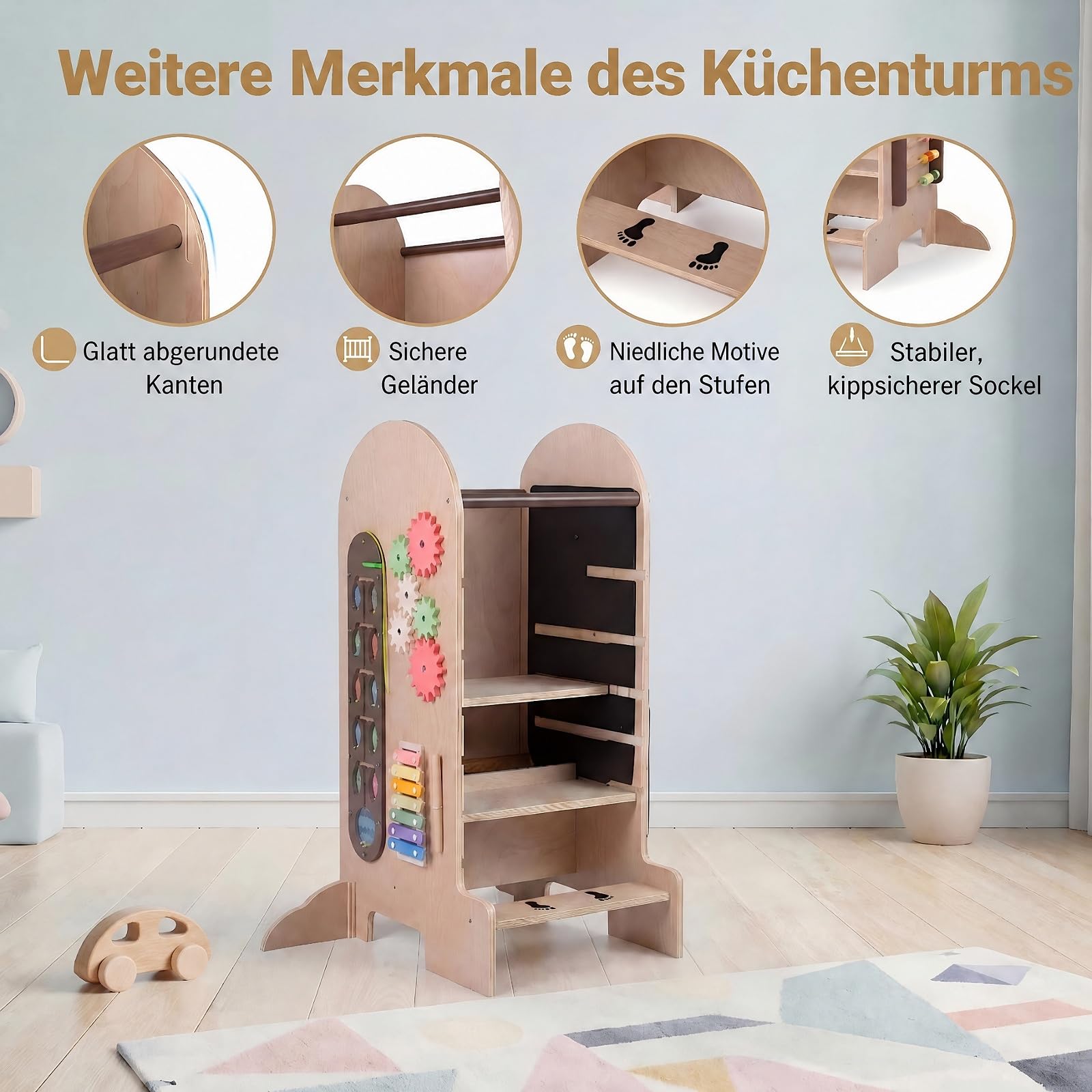 DREAMADE 4 in 1 Lernturm mit Rutsche, Trittleiter mit 3 verstellbaren Höhen | Tritthocker Montessori mit Abnehmbarer Tafel & Spielbrett, Learning Tower aus Buchenholz, Trittschemel für Kinder ab 3 Jahr
