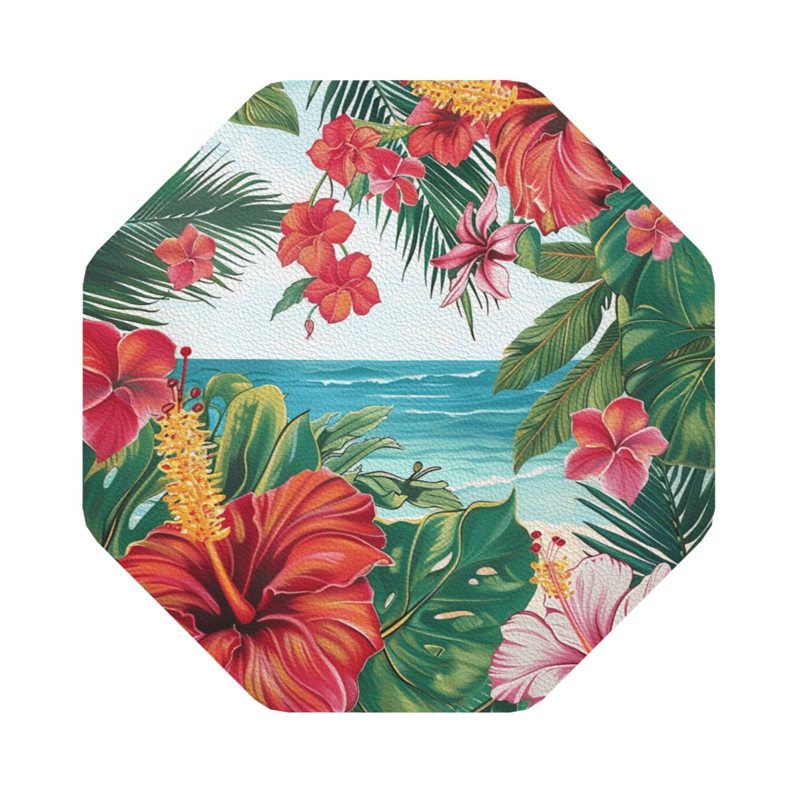 summer hawaiian Print Leather Coaster Set of 6, Octagon Coasters Table Decorative Coffee Cup Beverage Coasters Wine Beer Bar Coasters for Hot Drinks Table Protection