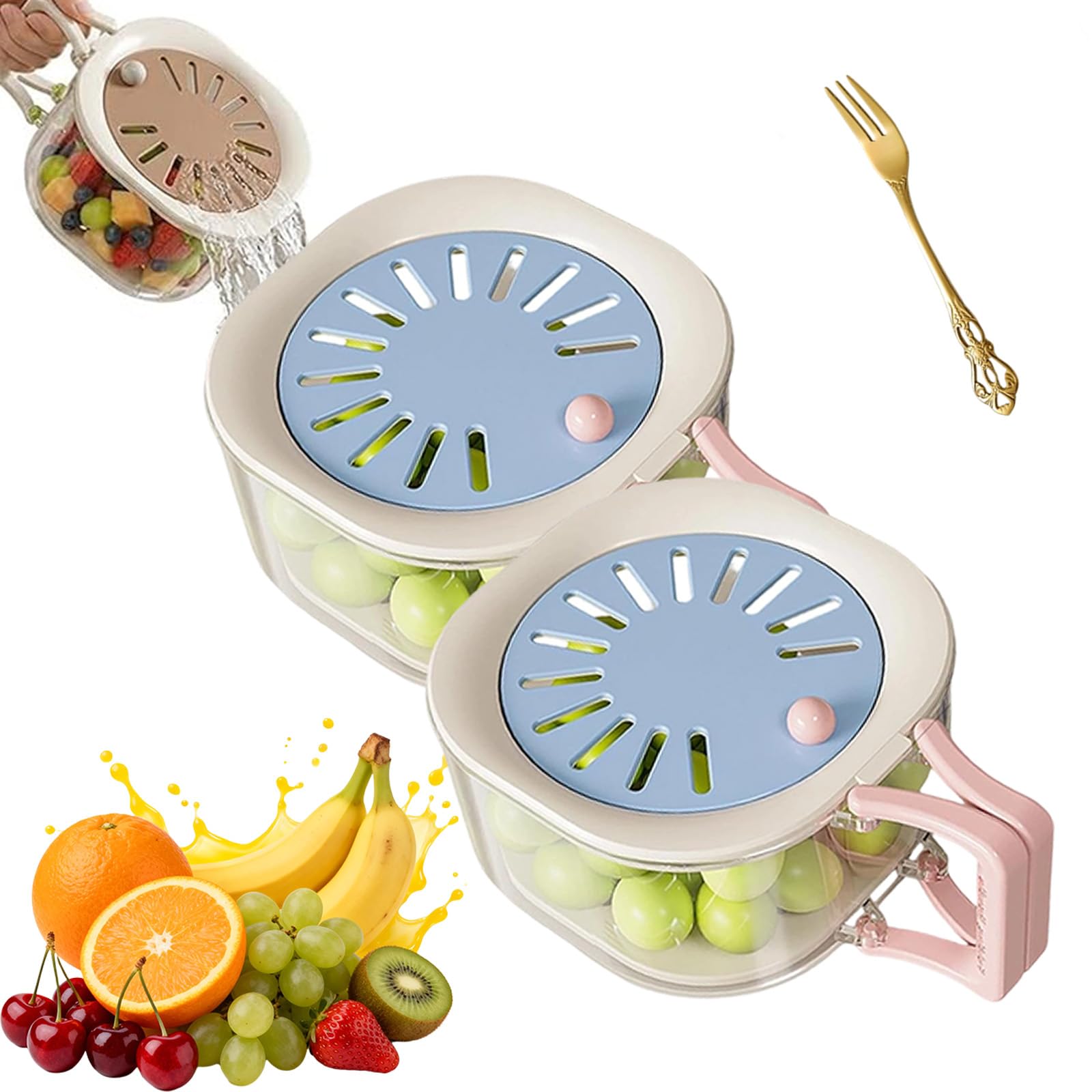 2 in 1 Fruit Strainer Container with Lid, Produce Strainer and Container All in One, Fruit Washing Bowl with Strainer for Food Wash Draining Preservation (Blue, 2#)