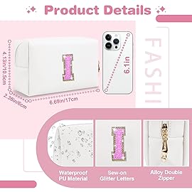 Small Initial Patch Makeup Bag Personalized Gifts Make Up Bag,White Cute PU Leather Glitter Letter Cosmetic Bag with Zipper,Trendy Portable Travel Toiletry Pouch,Preppy Stuff for Teen Girls Women R