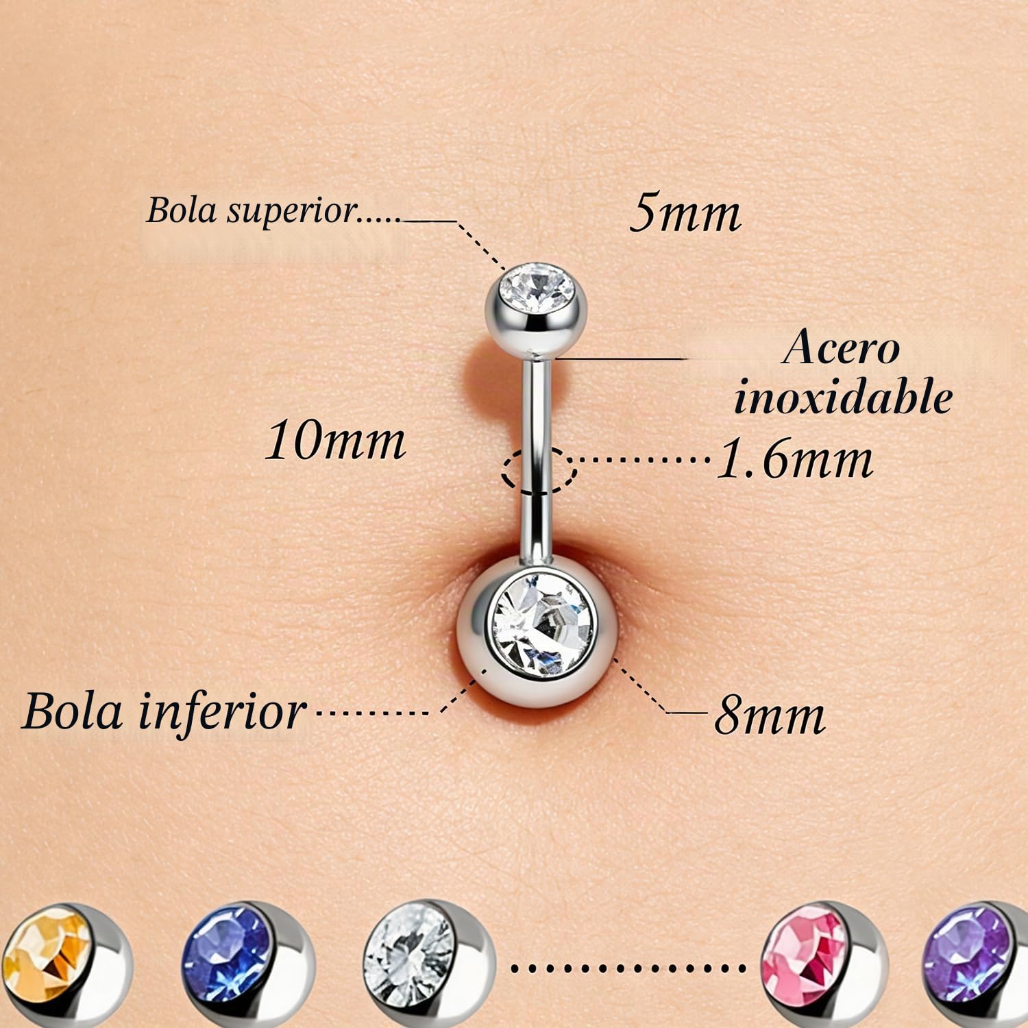 Amaza Piercing Ombligo con Dos Circonitas, 20 Colores Anillos Ombligo Acero Inoxidable, Joyas para el Ombligos Pircing Ombligos con Bolsita de Almacenamiento, Calibre 14G(1,6 mm x 11 mm)