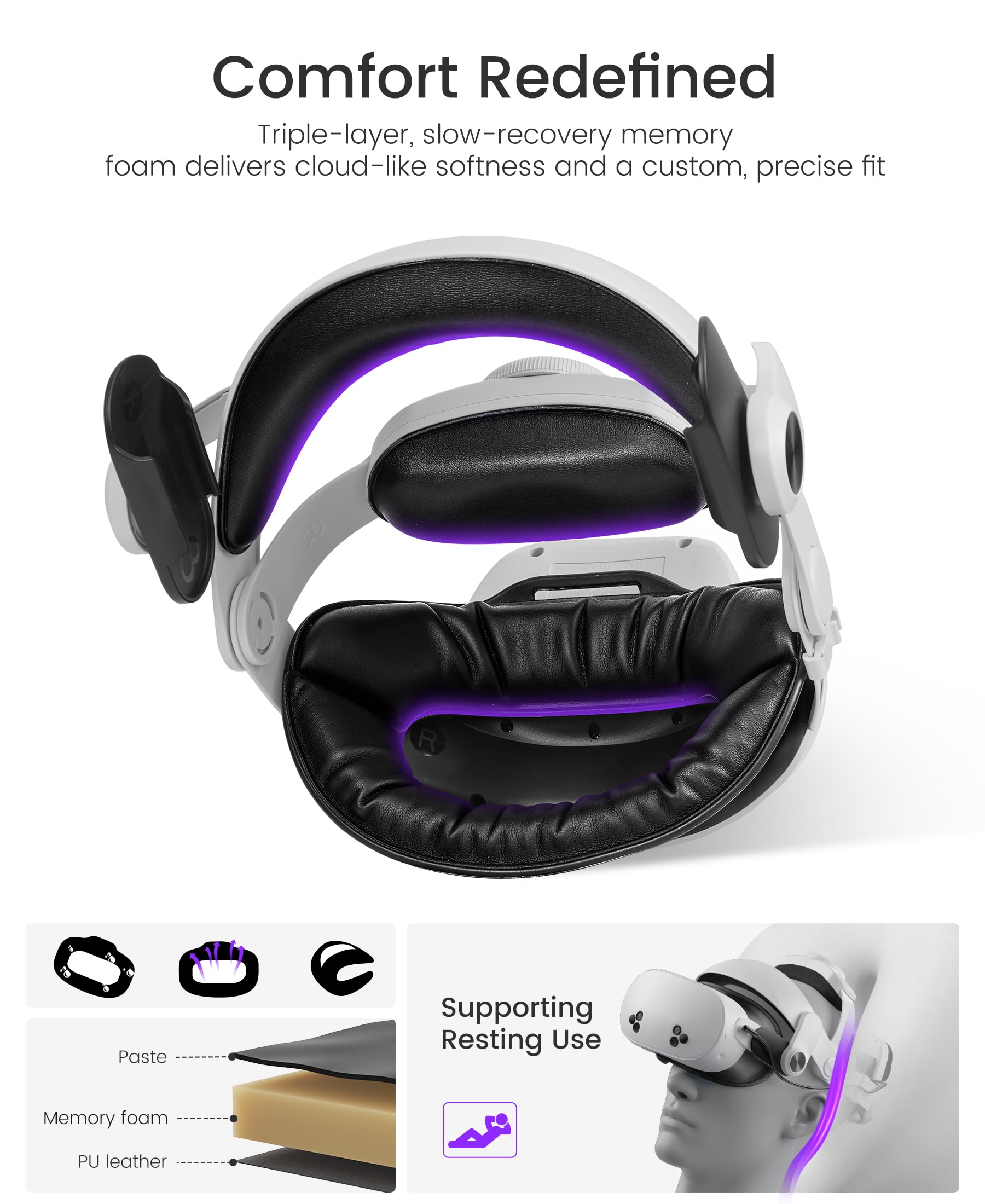 Cinghia per la testa con cavi magnetici per batteria da 10000 mAh per Meta Quest 3S/3/2, cinghia regolabile per la testa per cinghia Elite, cinghia leggera per cuffie VR con supporto migliorato
