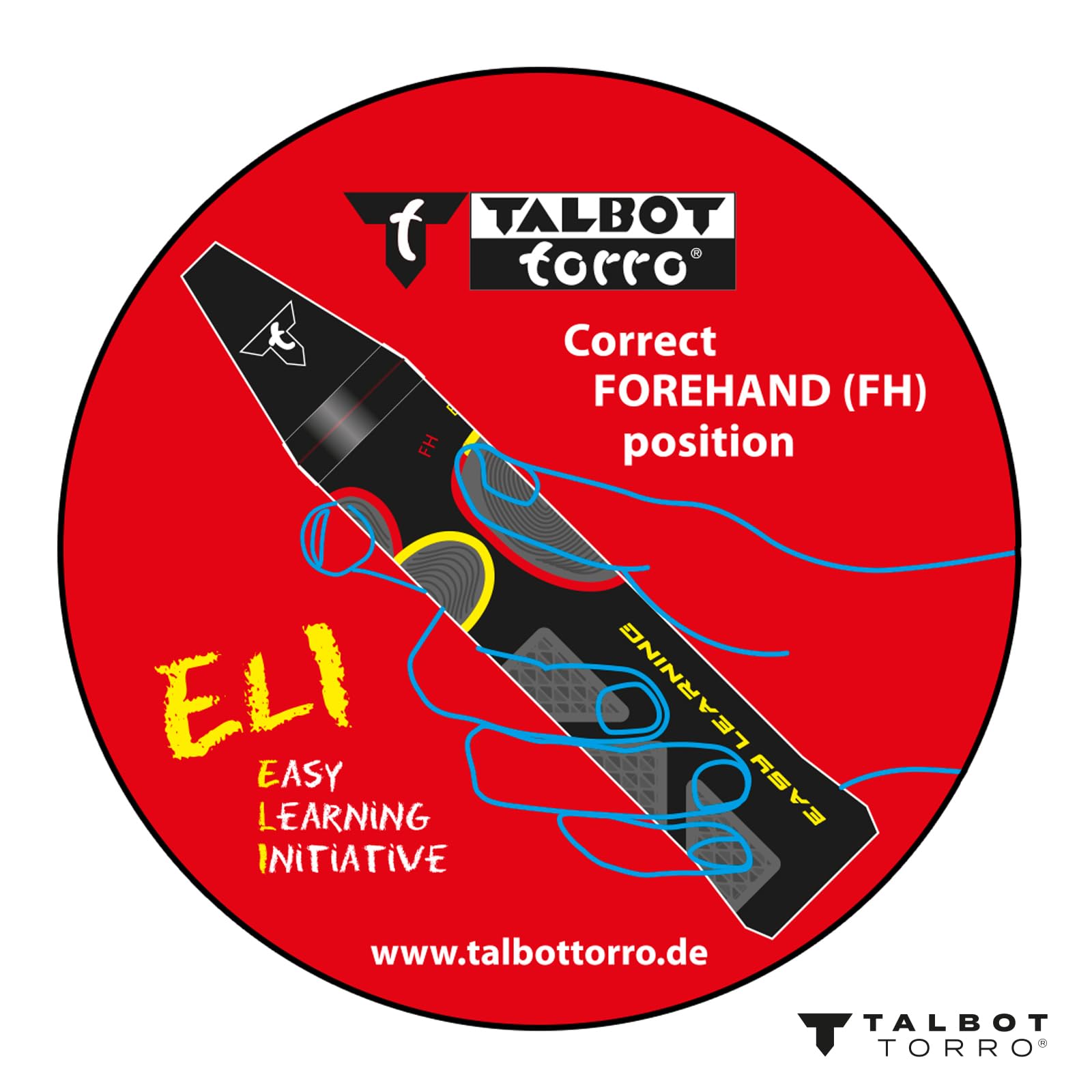 Talbot Torro Lern-Badmintonschläger ELI Junior, verkürzte Länge 58 cm, Lerngriff, Tropfenkopf, ideal für Schulsport und Training, schwarz-gelb-blau