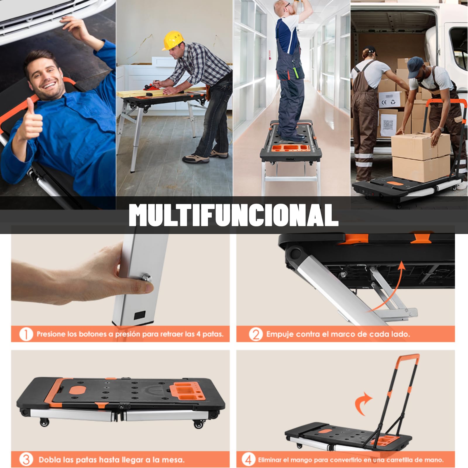 LIFERUN 7en1 Banco de Trabajo Plegable con Enchufe Integrado,Mesa de Trabajo Altura Ajustable,Carro Transporte,Plataforma de Trabajo Portátil,4 pcs Ruedas,Banco de Carpintero,Mesa Tensora,para DIY | Mesa de Trabajo Altura Ajustable, con Enchufe Integrado,