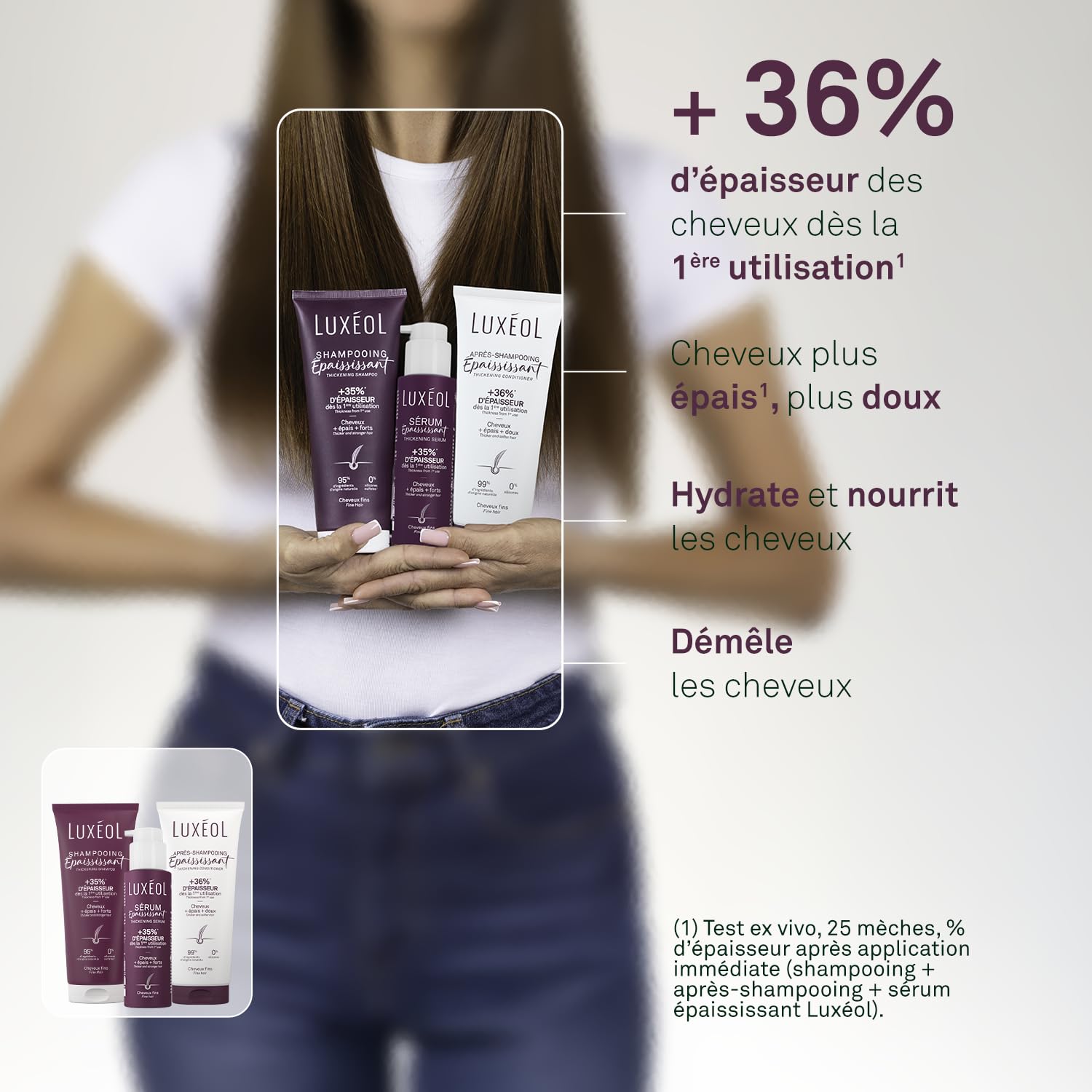 LUXEOL - Protocole Epaississant - Cheveux Normaux- +36 % D'Epaisseur Immédiatement*- Shampooing + Après-Shampoing + Sérum - Fabriqué en France