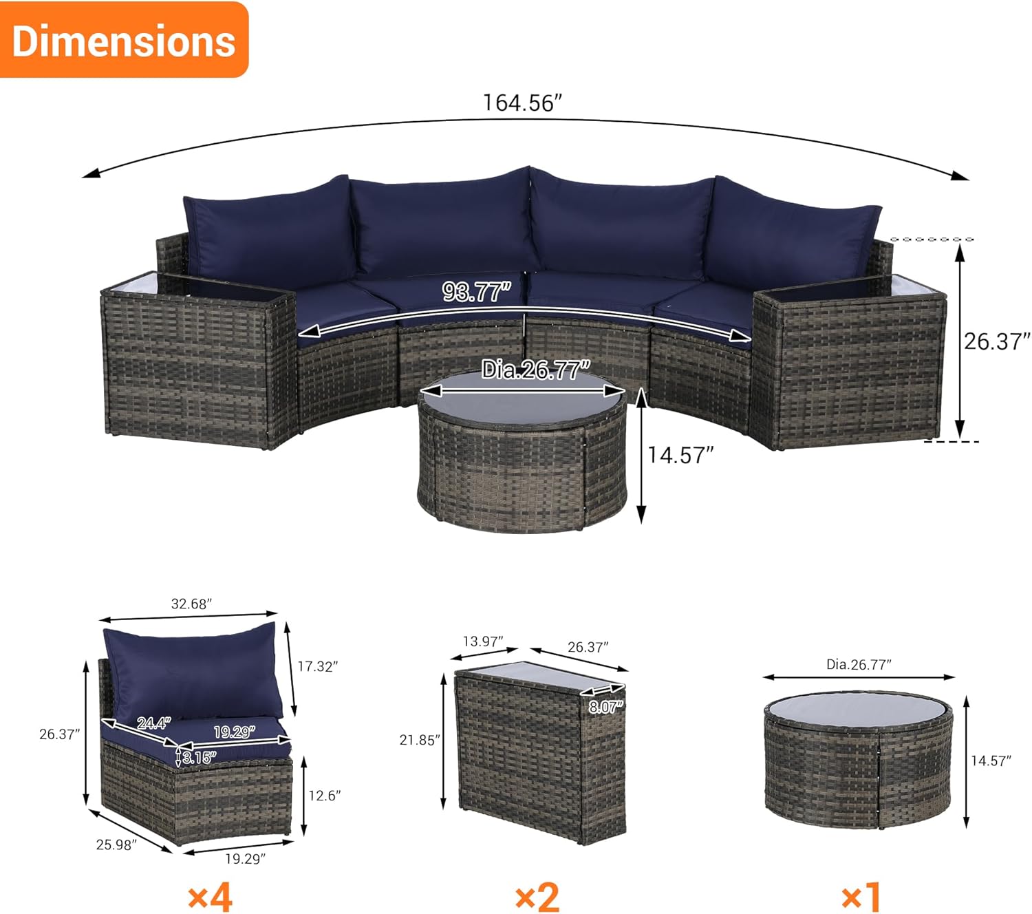 Eafurn 7 Pieces Outdoor Patio Conversation Furniture Sets All Weather Wicker PE Rattan Half-Moon Curved Sectional Sofa with Round Coffee Table, 4 Pillows & Waterproof Cover for Backyard