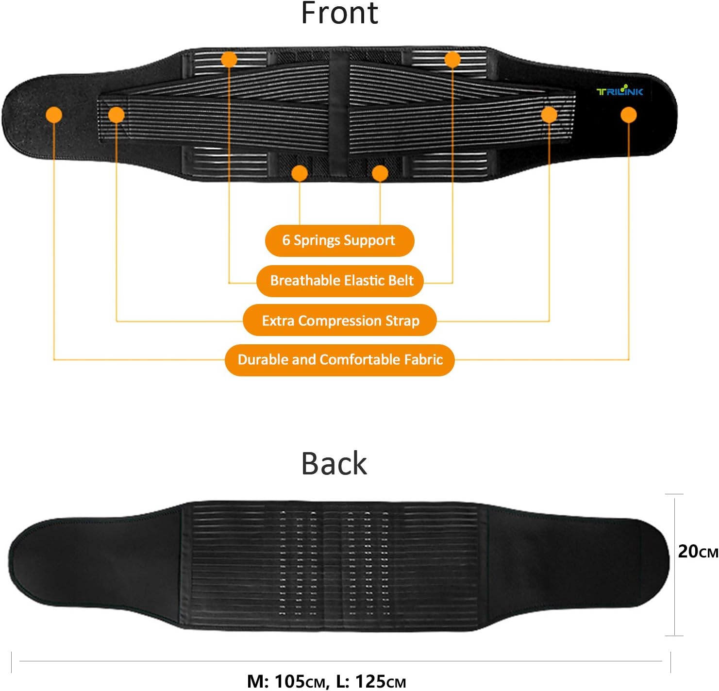 TriLink Back Support Brace for Lower Back Pain Relief- Lumbar Support Belt with Reinforcing Springs and Dual Adjustment Straps for Men & Women