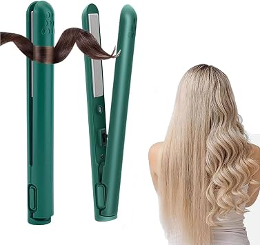 Mini Dual Purpose Curling Iron, Curling Wand and Flat Iron Mini Curling Iron Hair Straightener for All Hair Types, Portable Travel Curling Wand Green