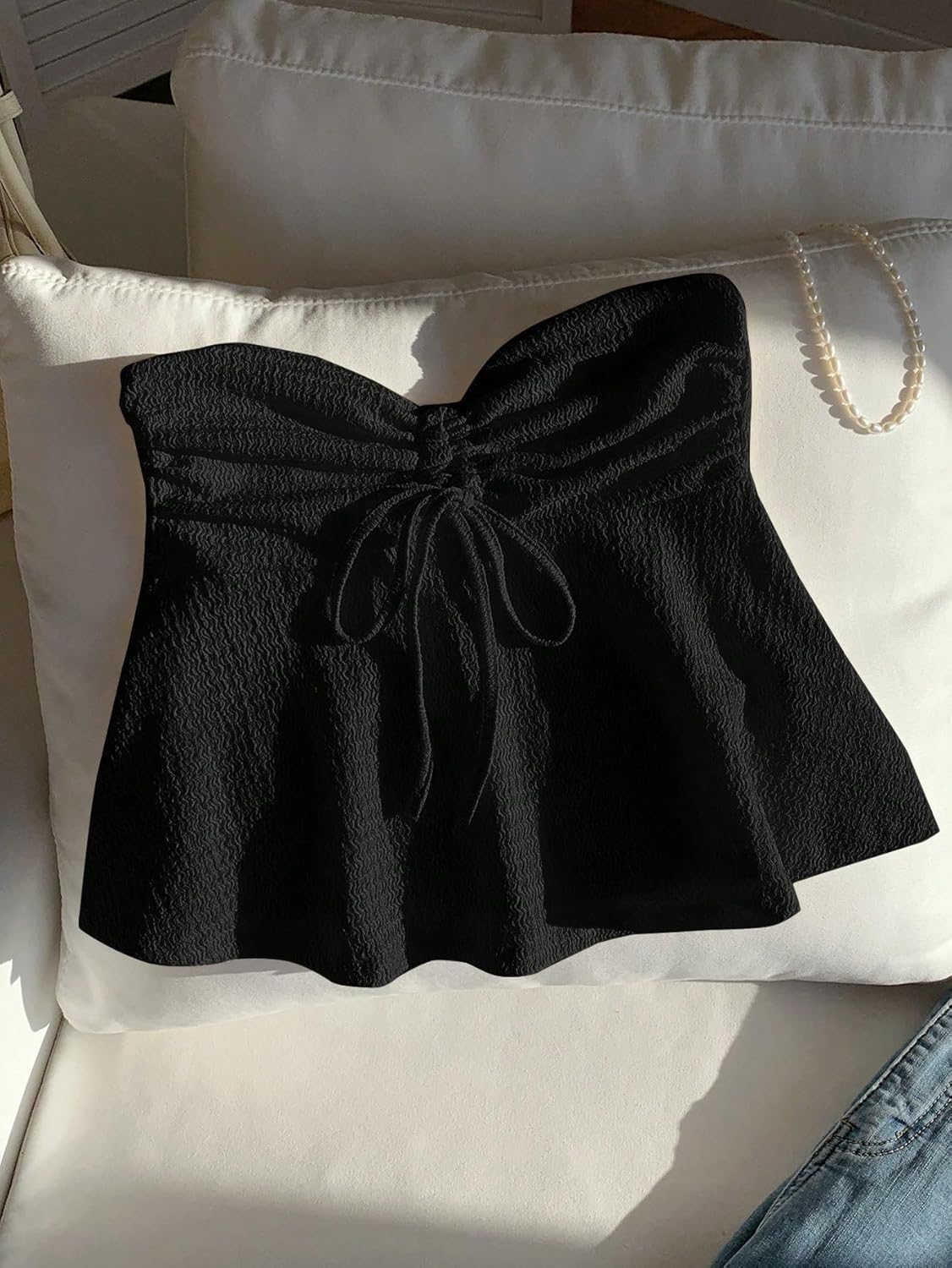 QJQ Women's Strapless Ruched Tube Tops Tie Front Flared Hem Peplum Bandeau Babydoll Tops Summer Vacation Outfits - Image 4