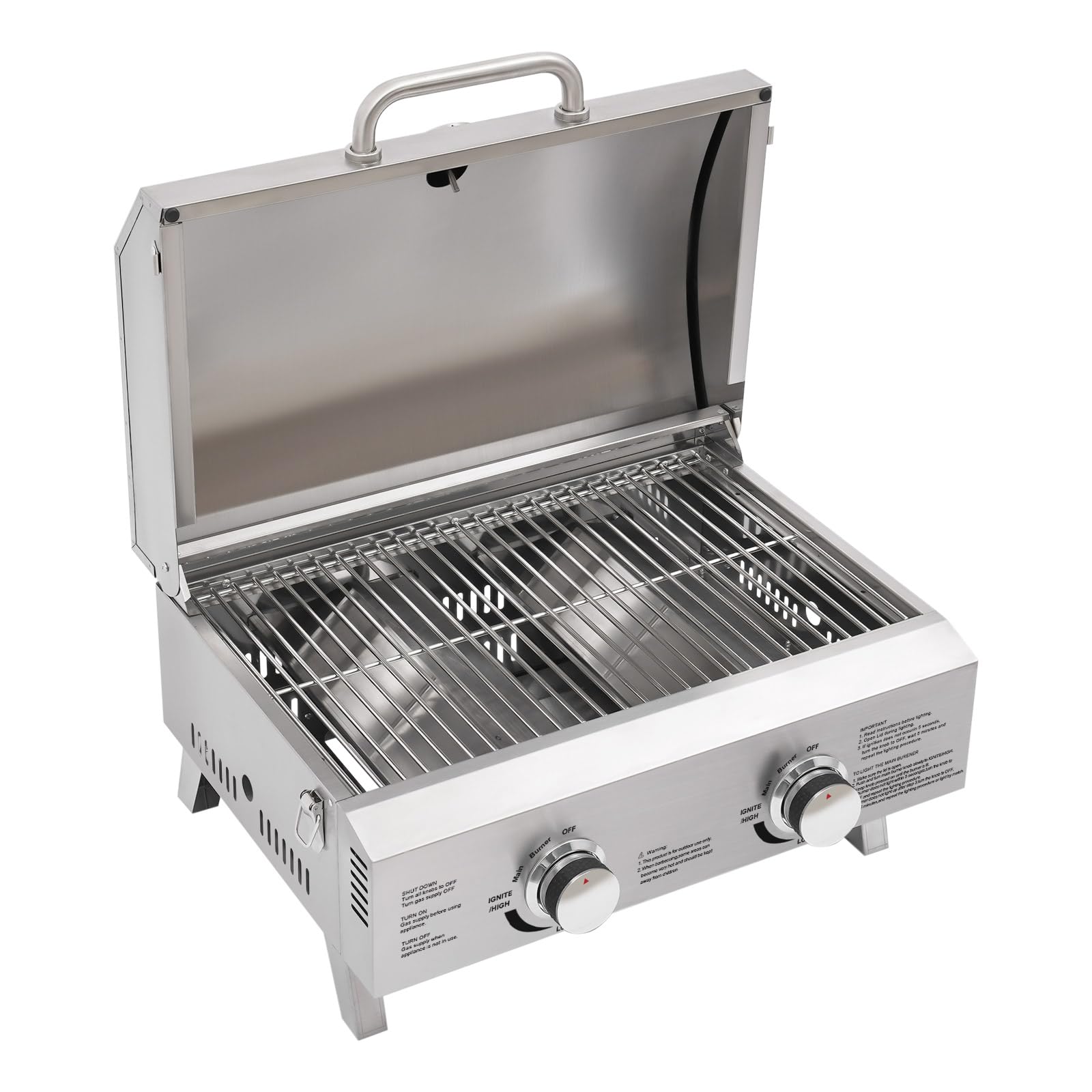 Barbecue a gas in acciaio inox, 2 fuochi, pieghevole, per esterni, portatile, con raccordo e pietra per pizza, metodo di accensione piezoelettrica, per tutti gli esterni, 55,8 x 45 x 38 cm