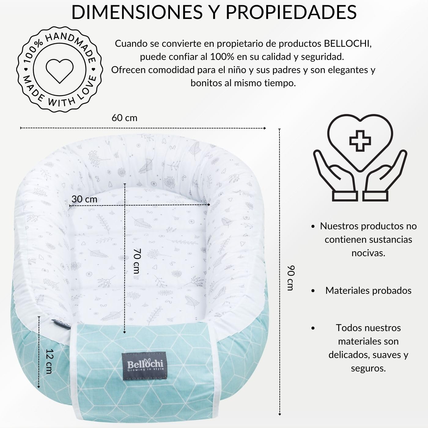 Bellochi Nido Bebe Recien Nacido Reductor de Cuna Nido para Bebe - 100% Algodón - Oeko-Tex Certificado - 90x60x12cm con Bordes Protectores - Fresh