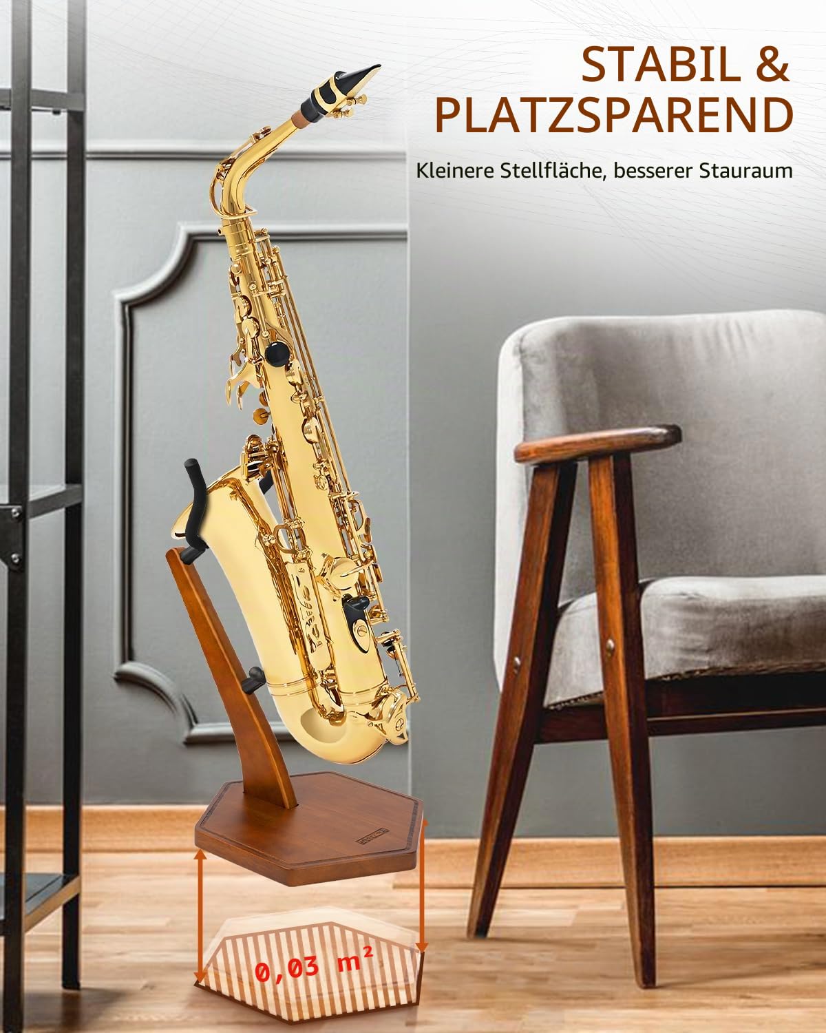 STRICH Holz-Saxophonständer für Alt-/Tenorsaxophon, Handgefertigter Massivholz-Bodenständer in Walnussfarbe Mit Schwerem, Beschwertem Sockel (FH-4, Sax)