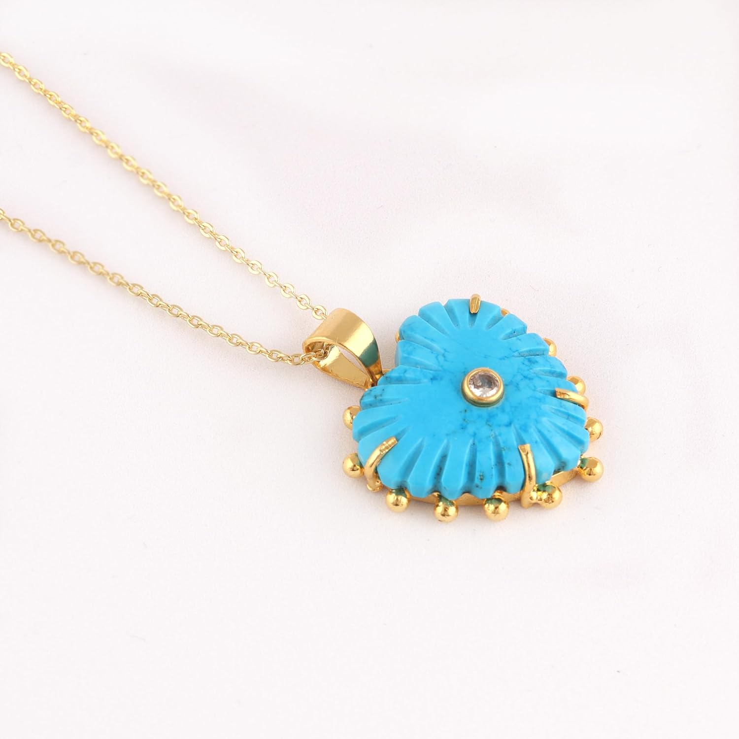 Carved Natural labradorite, Turquoise Heart Pendant Necklace, 18K Gold Plated, 18 Inch Chain, Cubic Zirconia Crystal Handcrafted Jewelry