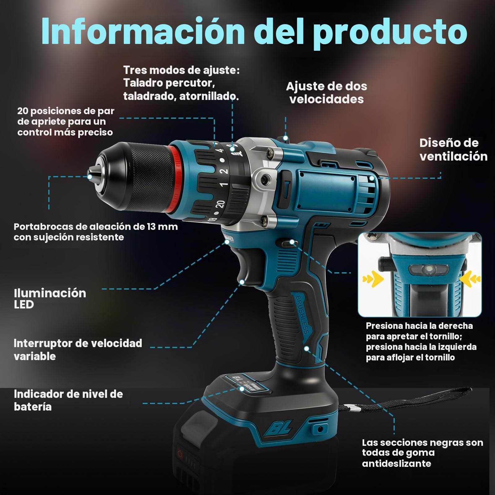 Taladro percutor inalámbrico sin escobillas de 80 Nm compatible con batería Makita de 18 V, taladro percutor de 1/2'', 2100 rpm, 20 niveles de par, 3 funciones, atornillador eléctrico de impacto.