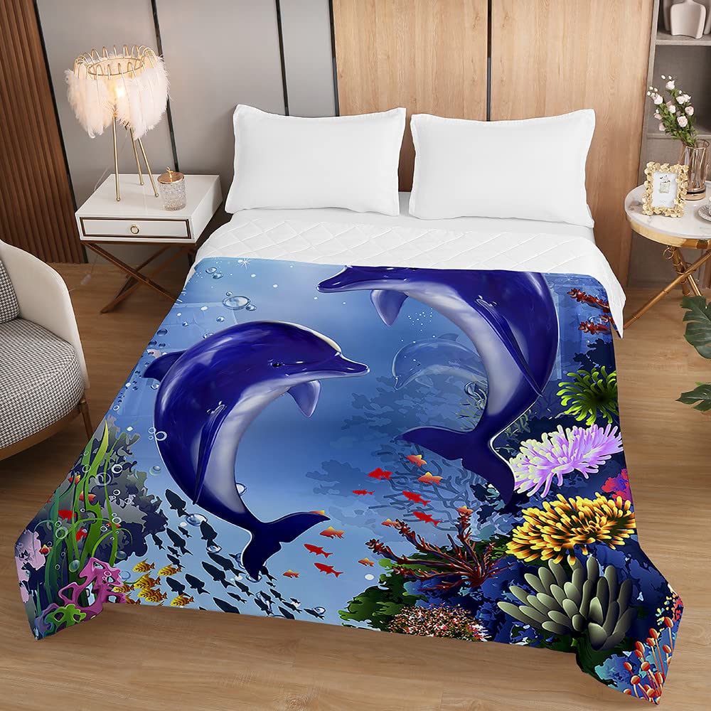 Couvre-Lit Matelassé 3D Dauphins & Ancre – Dessus De Lit Microfibre Doux Léger 150x200 Cm, Style Marin Pour Chambre