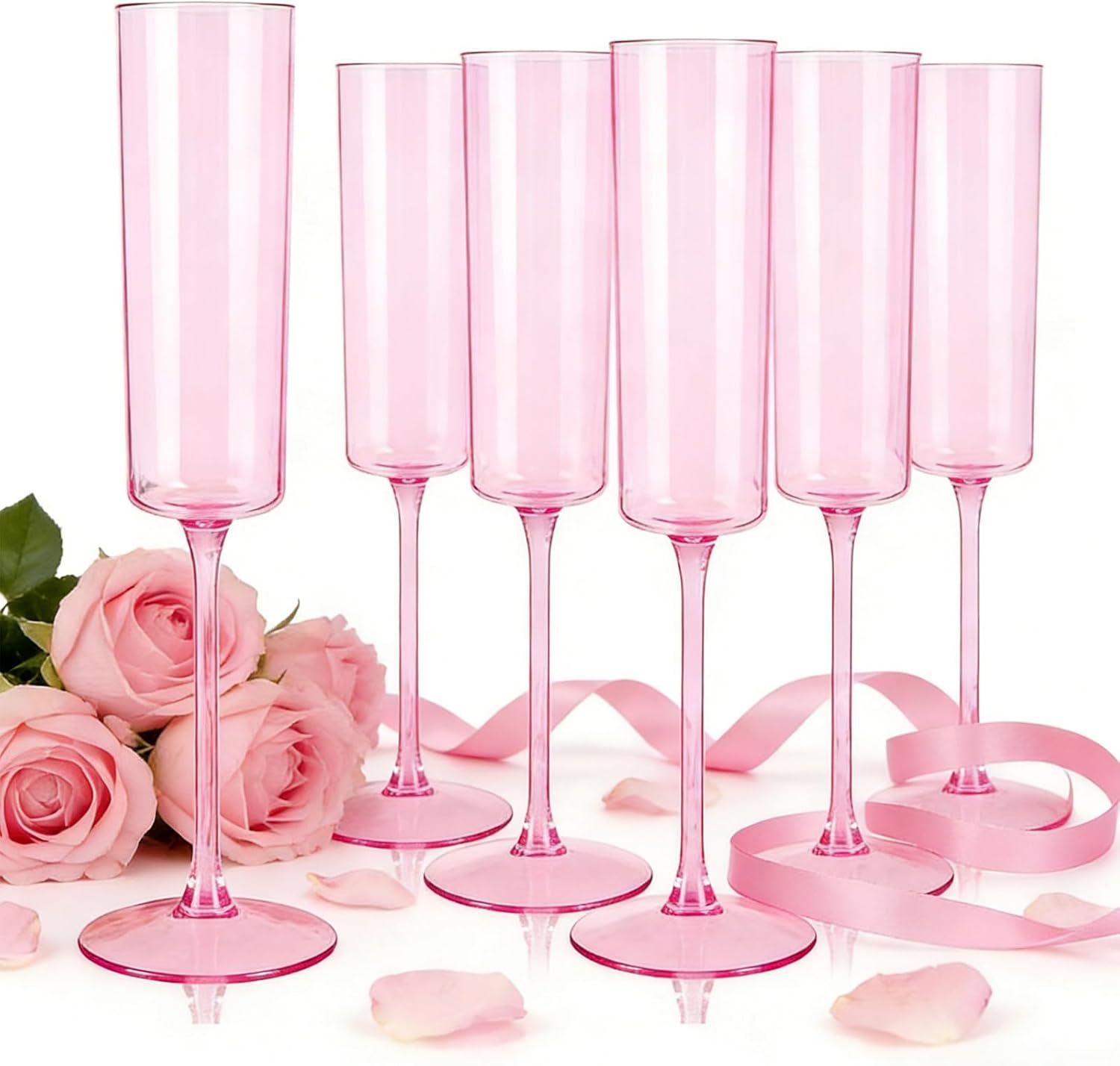 YOUBET 24 Pack Pink Plastic Champagne Flutes - 6 Oz Clear Pink Champagne Glasses - Square Plastic Toasting Glasses for Party Birthday Anniversary Wedding Valentines Day