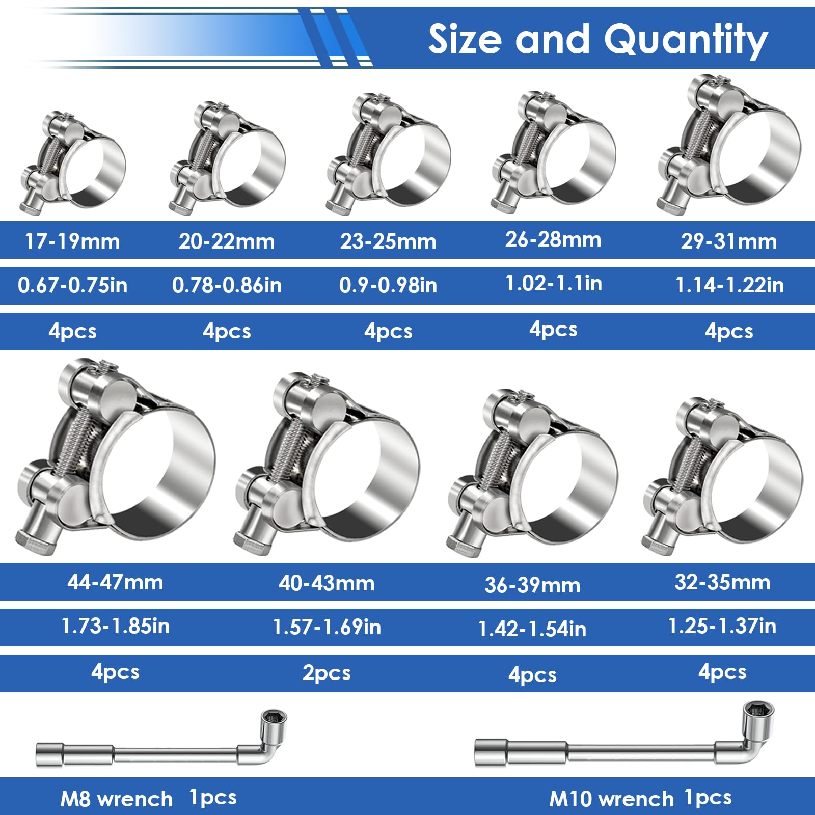 smseace 36 abrazaderas de manguera de perno en T de 17-47 mm, acero inoxidable 304, 9 tamaños, abrazaderas de manguera resistentes con llaves de vaso M8 y M10