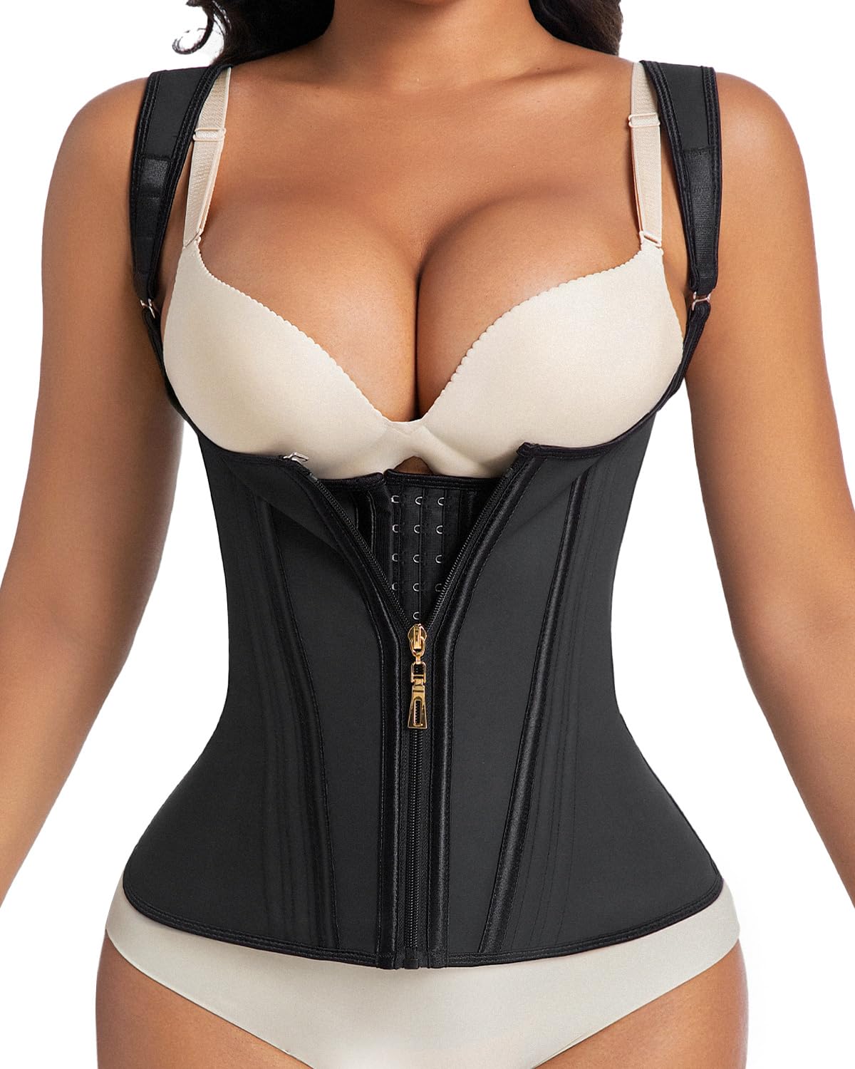 anylost Waist Trainer for Women for Daily Wear, Faja Body Shaper Corset with Zipper and Adjustable Shoulder Straps, Faja Colombians for Tummy Control, Workouts, and Postpartum Recovery Black M