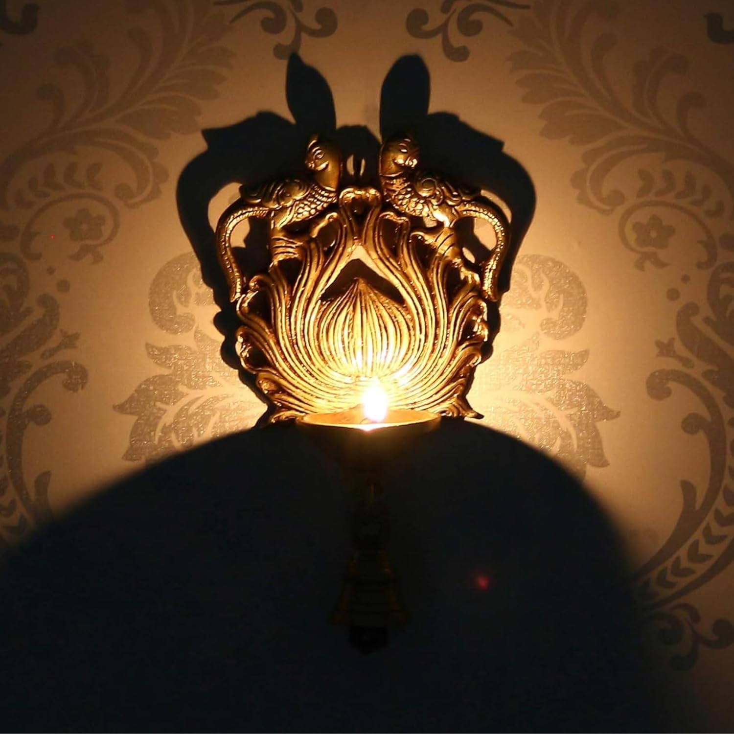 Decorative Brass Wall Hanging Diya with Bird Design, Traditional Oil Lamp with Bell, Antique Finish (Handcrafted Brass)
