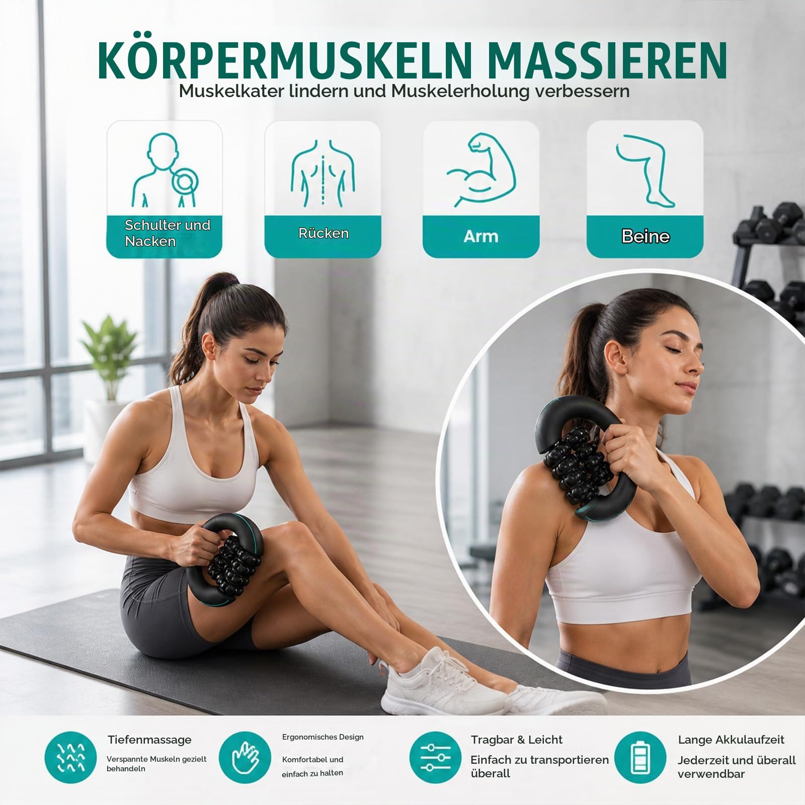 Elektrisches Handmassagegerät mit Rollen, 3 Stufen Massageroller USB Aufladbar, Leichtes Tiefengewebsmassagegerät für Rücken Schulter Beine Büro Fitnessstudio