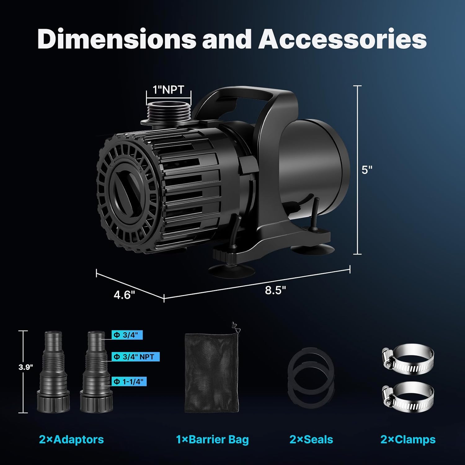 600GPH-1800GPH Adjustable Flow Pond Pump, for Waterfall &Water Garden, 13FT Lift, 100W Submersible Water Pump, 180° Adjustable Outlet, Filter Bag & 20FT Cord, Quiet Fountain Pump, UL Listed