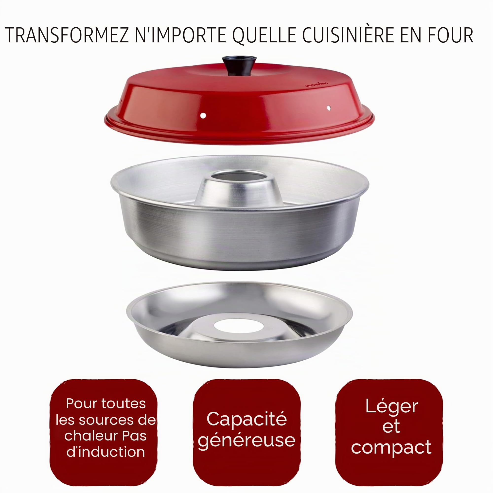 Omnia Four Portable sur la Cuisinière, Châssis Acier Inoxydable SS430, Moule et Couvercle Aluminium, Diamètre 25 cm, Volume 2,0 L, Rouge