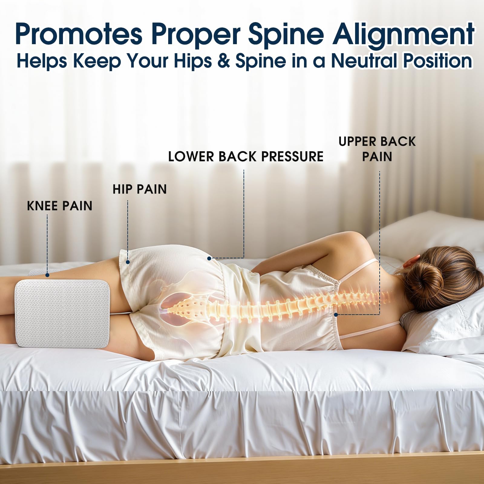 BlissTrends Almohada de rodilla de espuma viscoelástica, almohada de rodilla para dormir de lado, almohadas de piernas para dormir, almohada de elevación para aliviar la columna vertebral torcida,