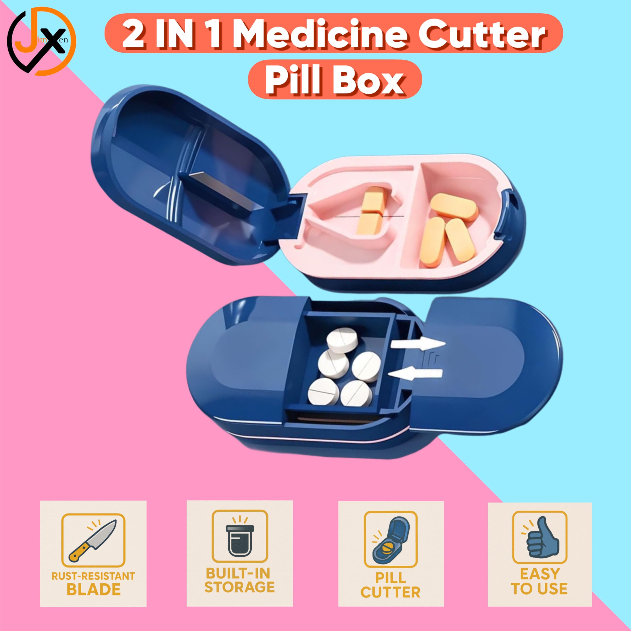 JimXen Portable Pill Cutter & Tablet Splitter with Stainless Steel Blade | Accurate Dose Cutting, Safe Lock Design | Compact Travel Medicine Cutter for Tablets & Vitamins (Pill Cutter Organizer) - Image 4 thumbnail