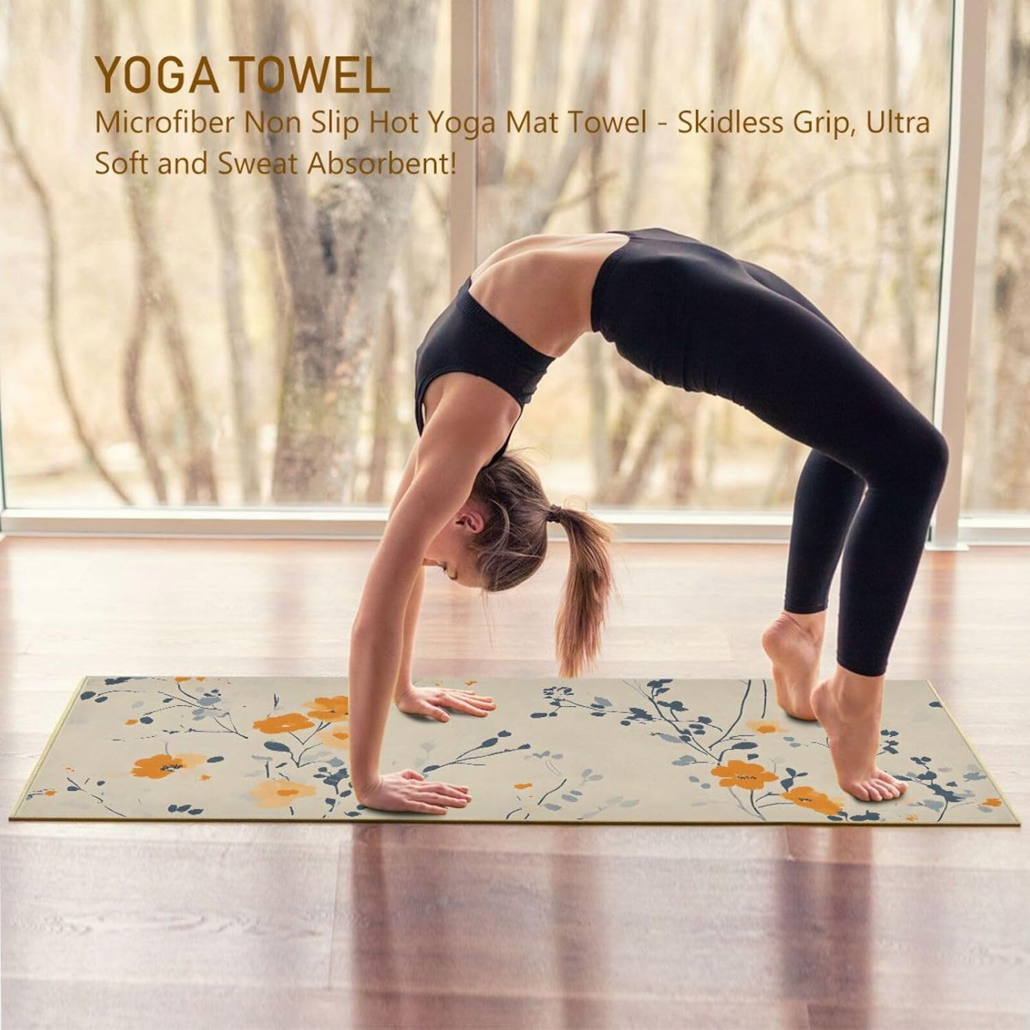 Beautiful Floral Beige Yoga Mat Towel with Silicone Grip Dot – 73"x27" Non-Slip Sweat Absorbent Microfiber Yoga Towel for Home Gym Studio