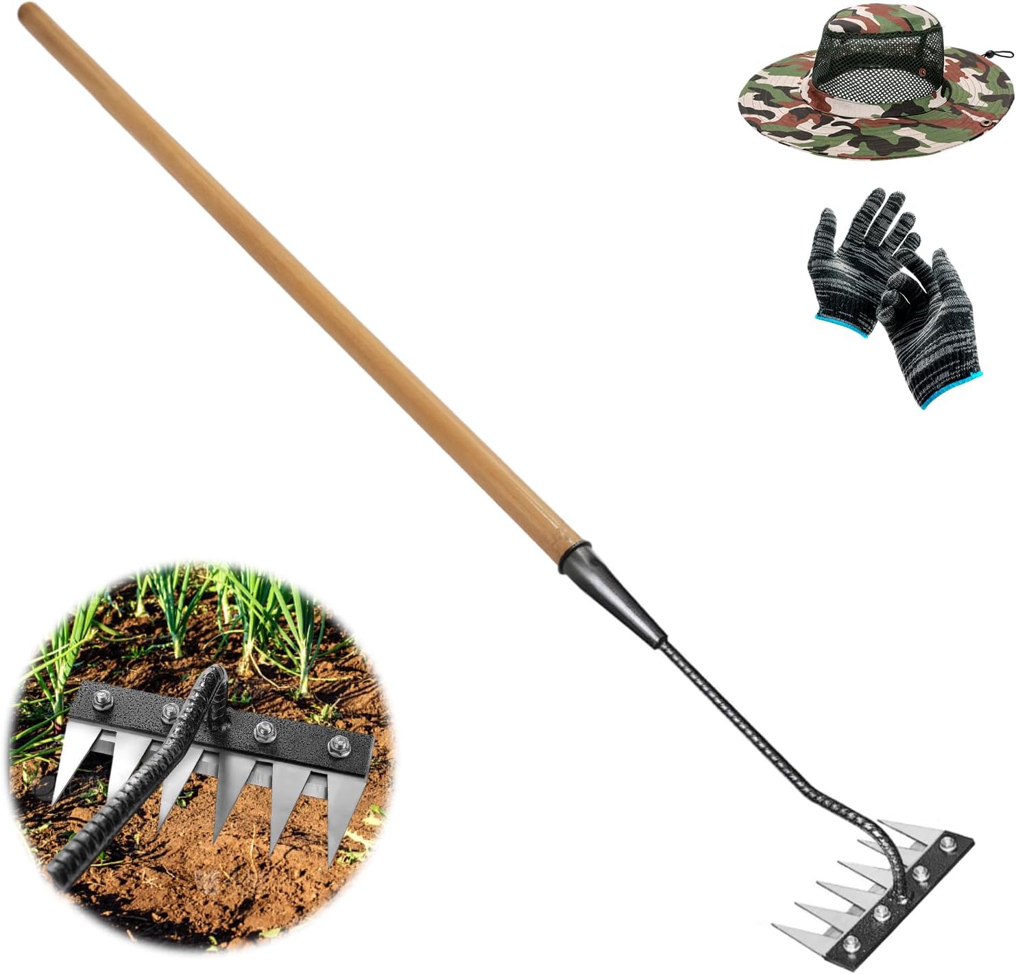 Gardenia Iron Weeding Rake, 2.0 Iron Weeding Rake with Long Handle, 6 Teeth Heavy Duty Weed Puller Tools for Gardening, Weedings ,Lawn