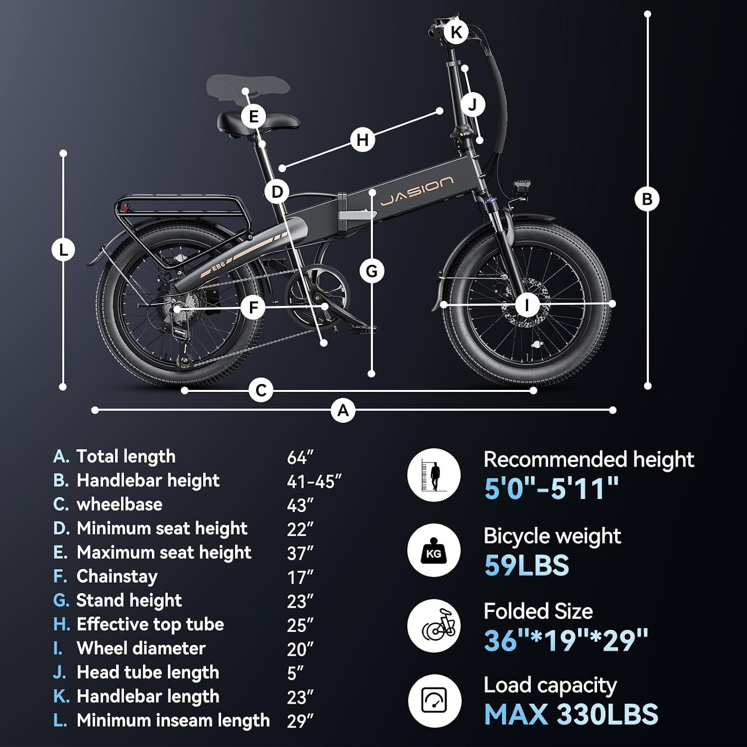 Jasion EB6 Electric Bike Dimensions